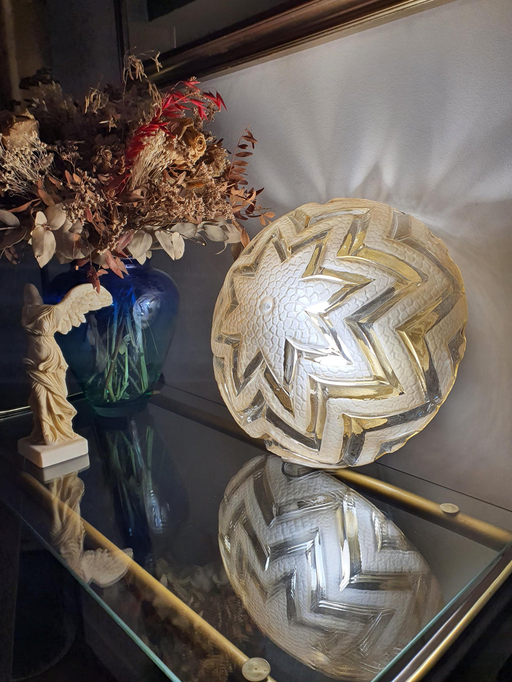 Art Deco Ceiling Light in Stamped Clear Glass | Matte Star Pattern, Bronze Base