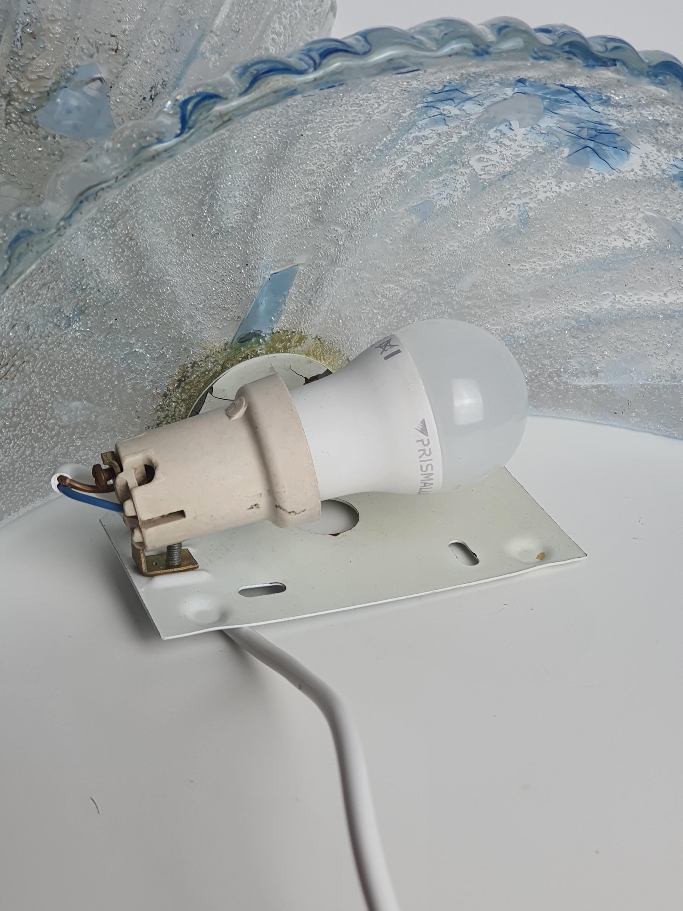 Pair of Vintage Murano Glass Shell Wall Sconces | Frosted Italian Lighting with Blue Accents