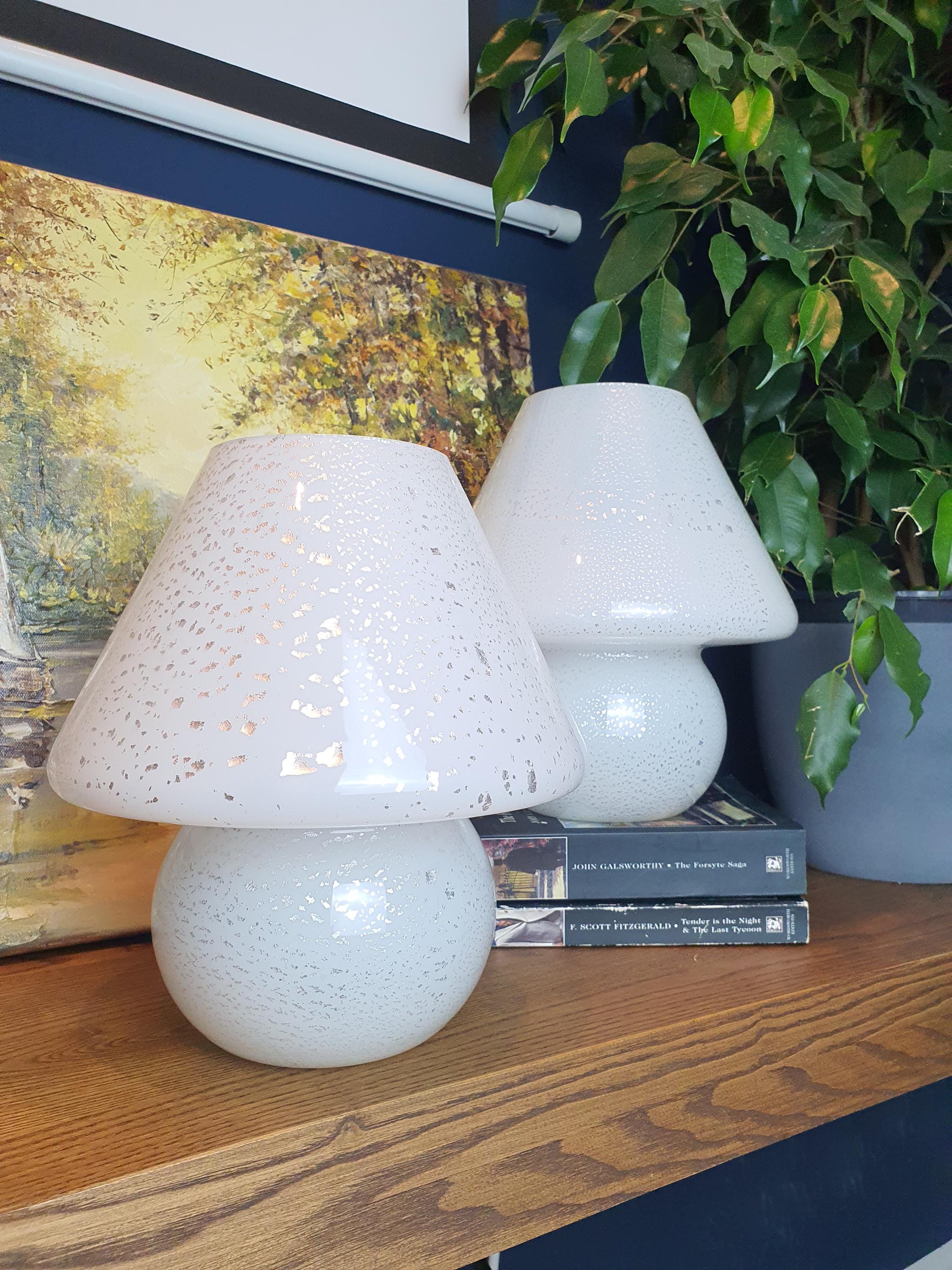 Lampes Champignon en Verre de Murano Vintage – Blanc & Argent, Paire de Chevet Scandinave