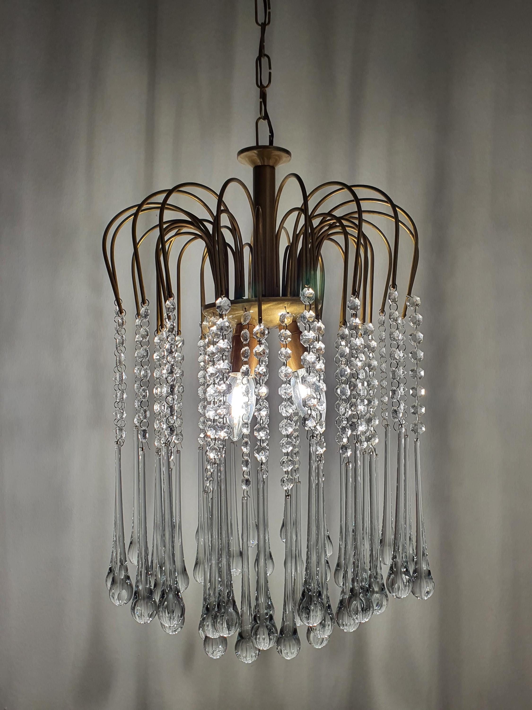 Vintage Murano glass clear cascade teardrop chandelier — gold frame, very good condition, full view