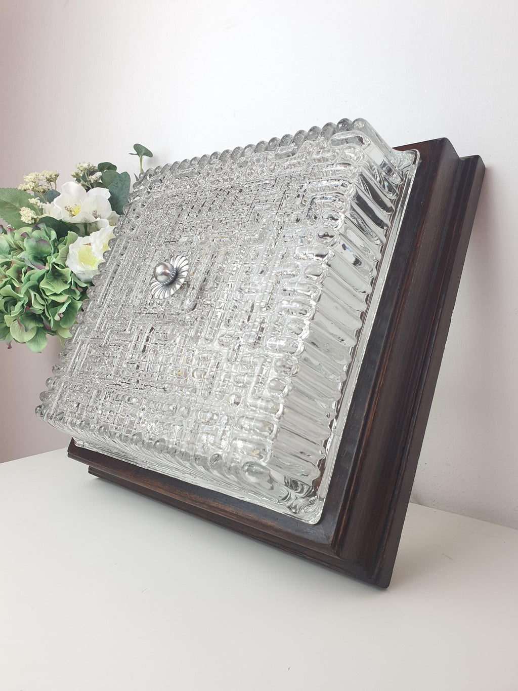 Ribbed relief and wood frame detail on vintage Italian square Brutalist stamped glass light, 1960s–1970s MCM design

