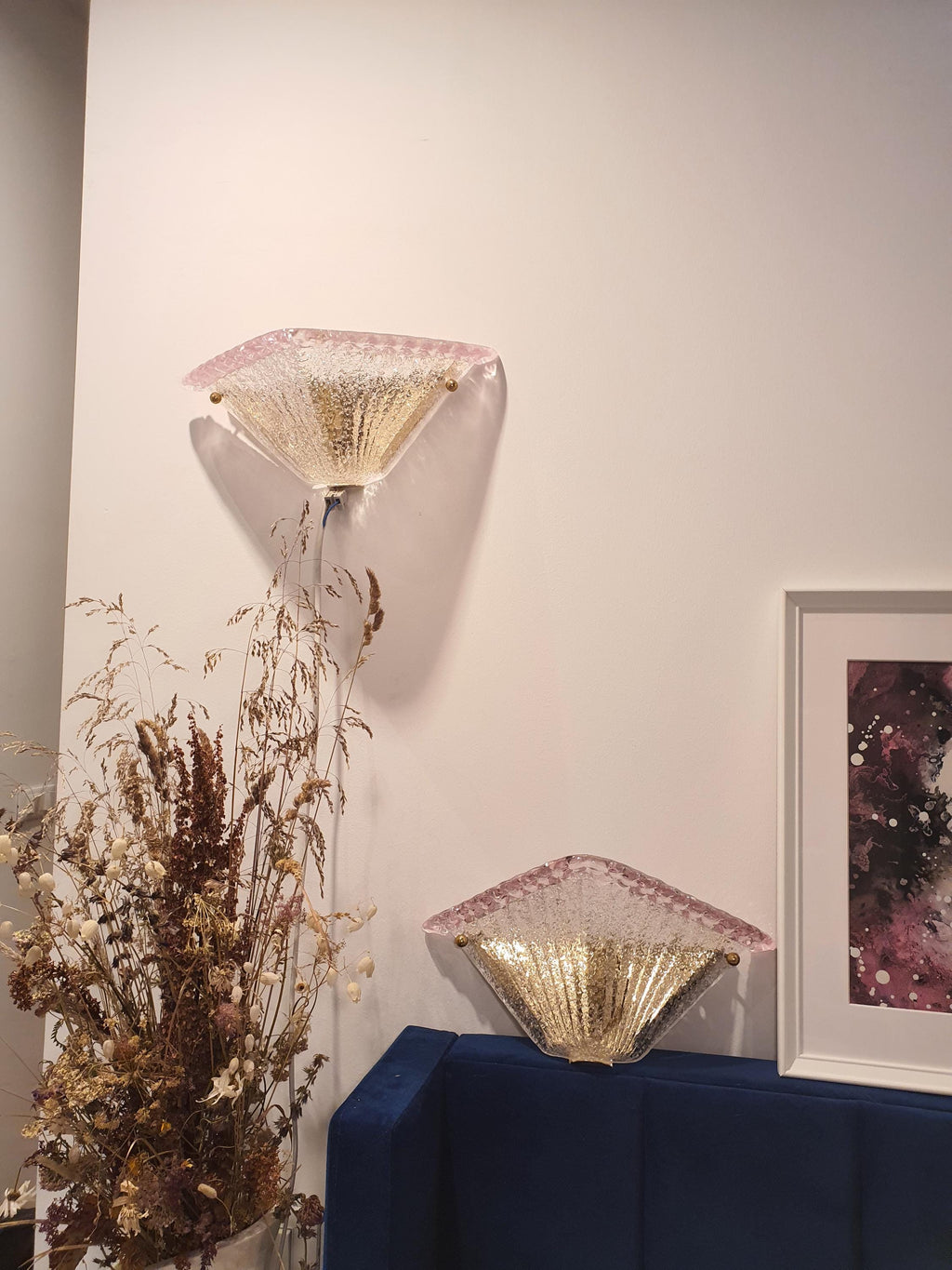 Vintage Murano Glass Sconces: Pink Transparent Triangle Art Deco Wall Lamps