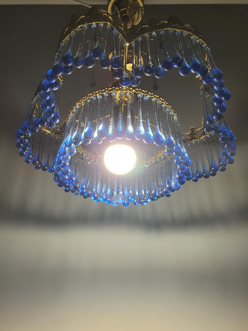 Small Vintage Teardrop Cascade Chandelier with Navy Blue Glass Drops on Gold Base | Hollywood Regency Lighting