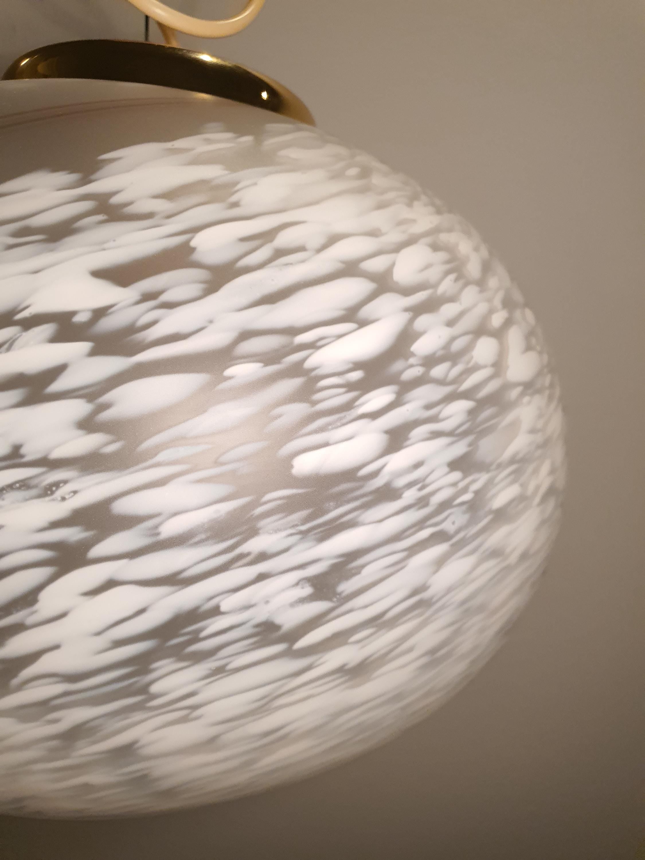 Murano Glass Pendant Light: White Swirl Globe, Mid-Century Scandinavian Lamp