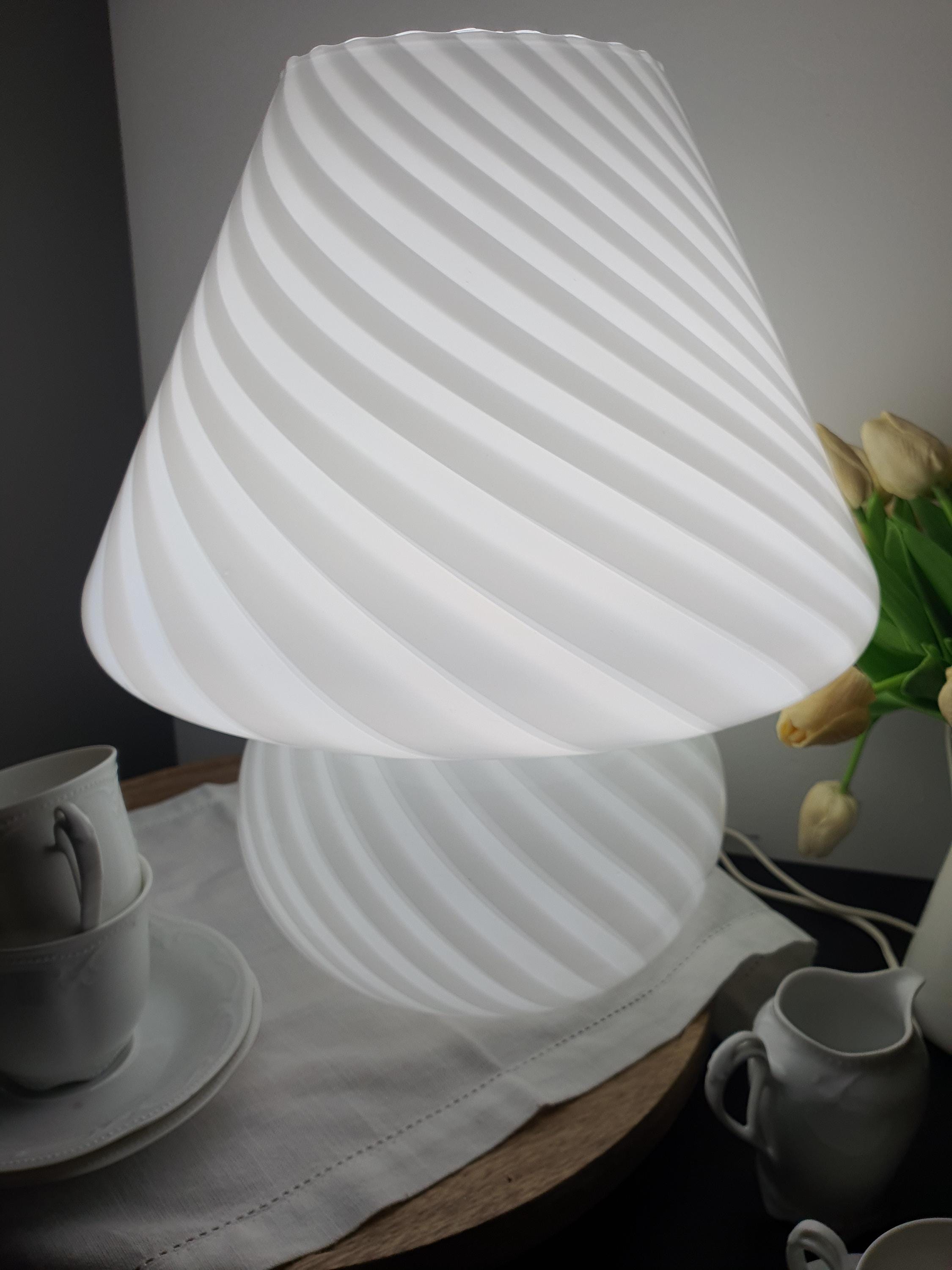 Murano Glass Mushroom Table Lamp: 1970s Swirl White Bedside Light