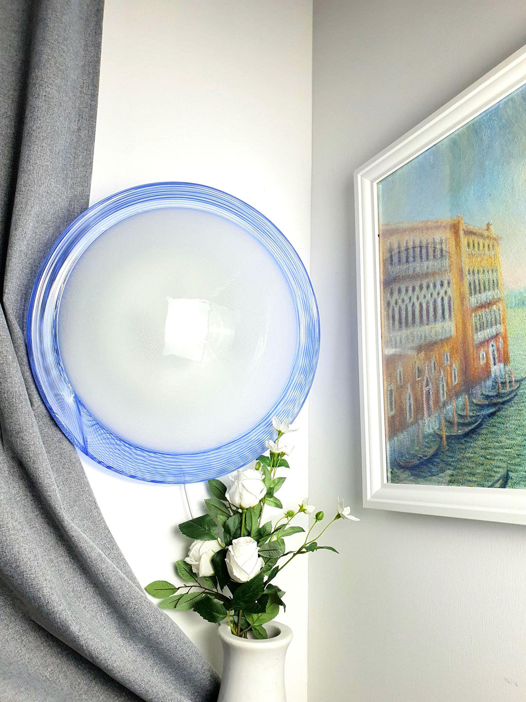 Large vintage Due P Murano glass flush mount light, blue filigrana lines with grey bubbled centre, 48cm