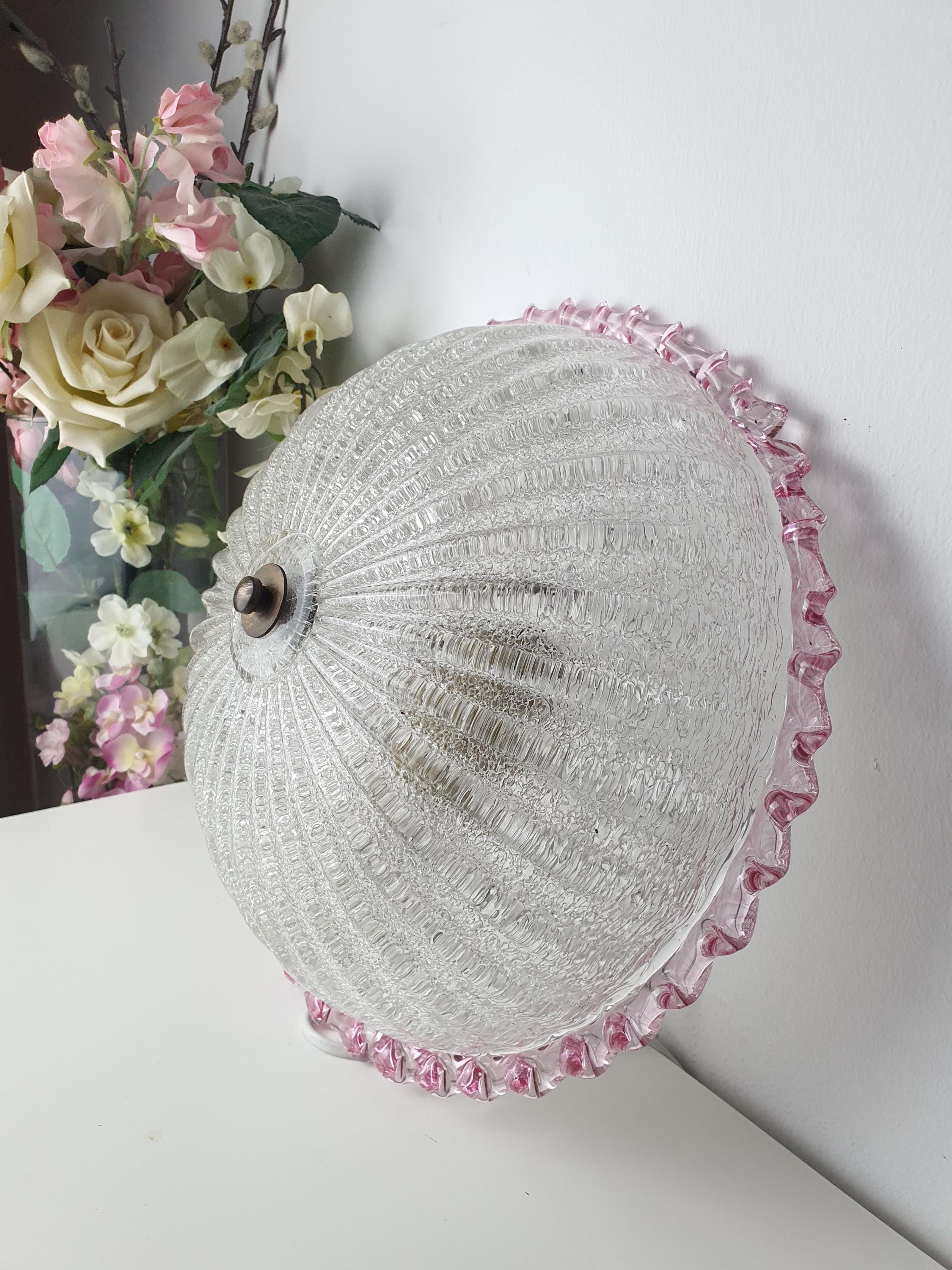 Vintage Floral Murano Glass Flush Mount – Frosted Sand Finish with Pink Edge