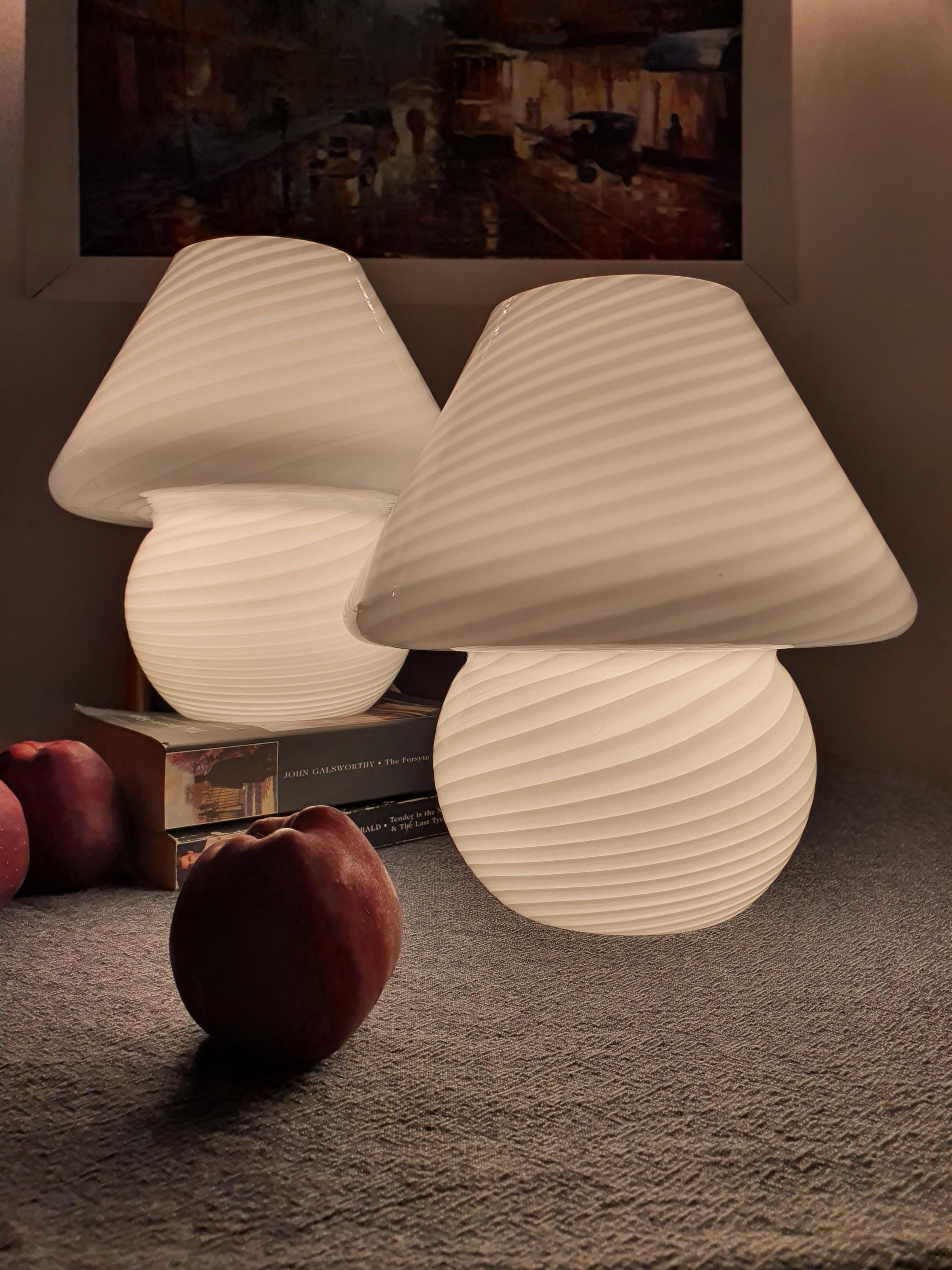 Pair of Vintage Murano Glass White Swirl Mushroom Bedside Lamps