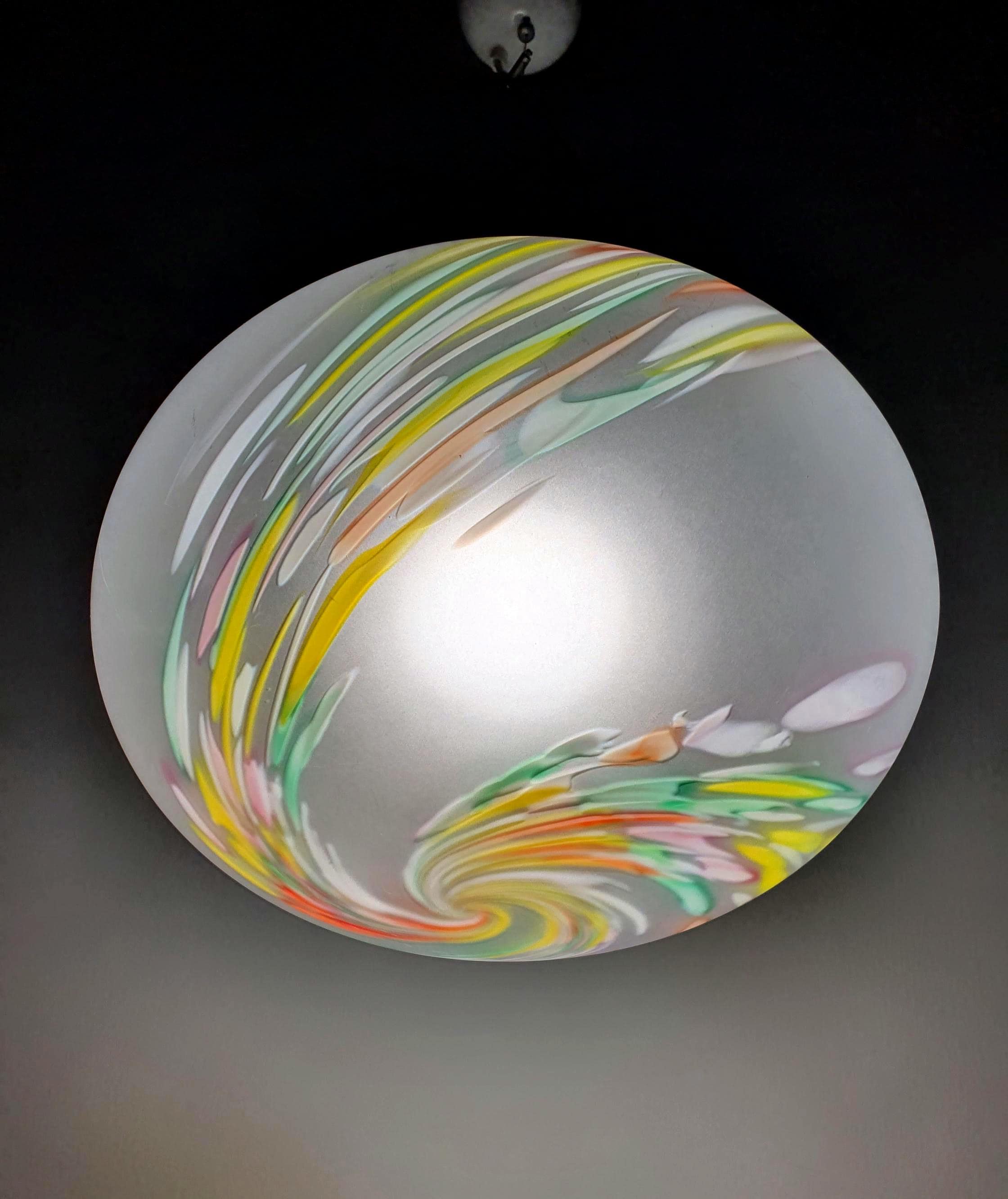 Vintage Due P. Murano glass ball pendant light with satin finish and multicolor twisted spots, Italian mid-century design