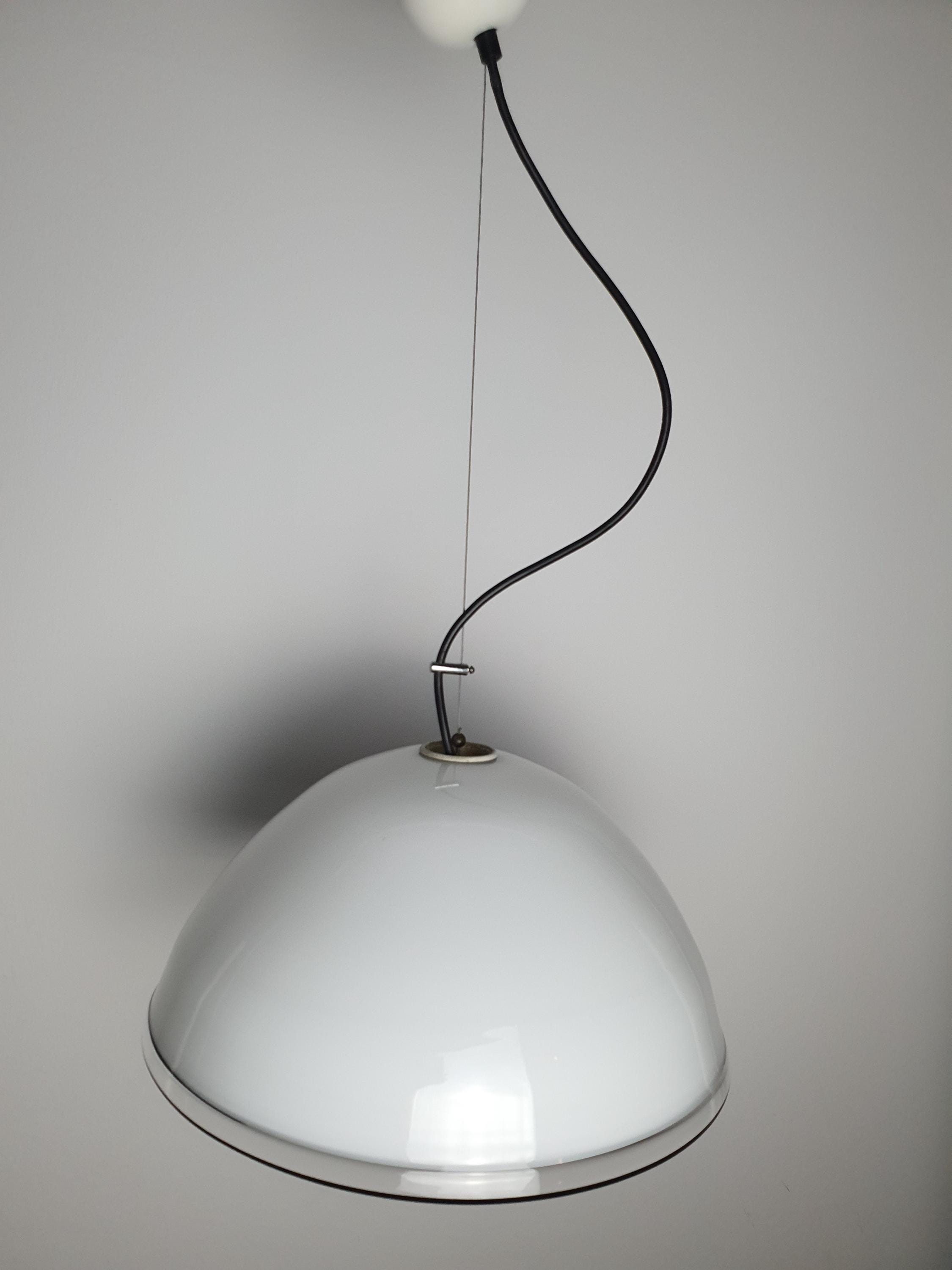 White bell minimalist pendant light in vintage Murano glass with black edge