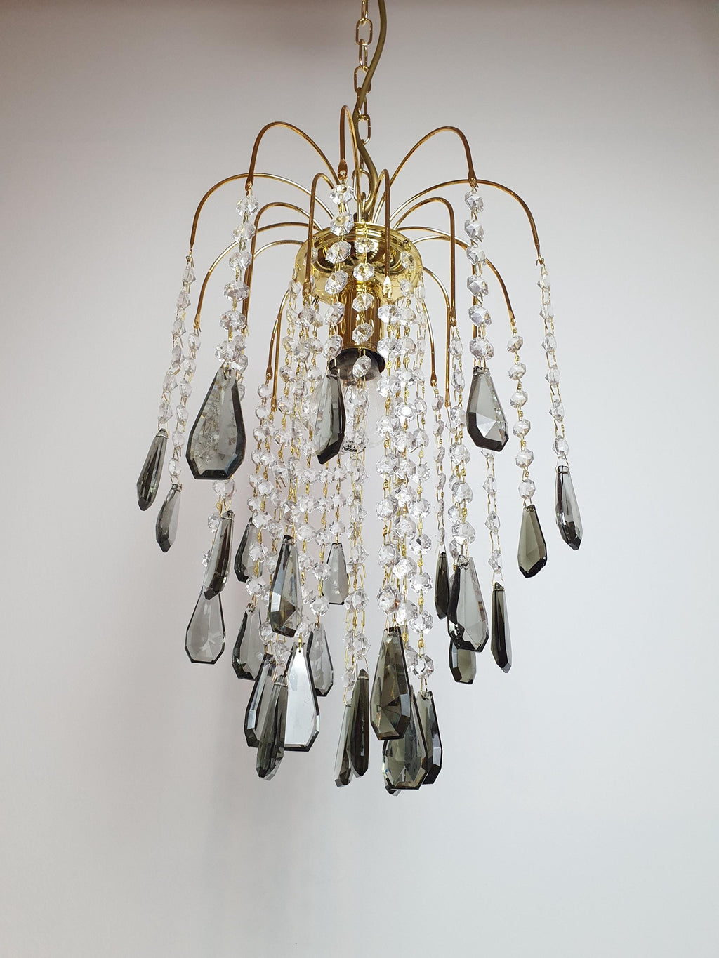 Vintage Waterfall Chandelier: Gray Teardrop Crystals, Hollywood Regency Lighting