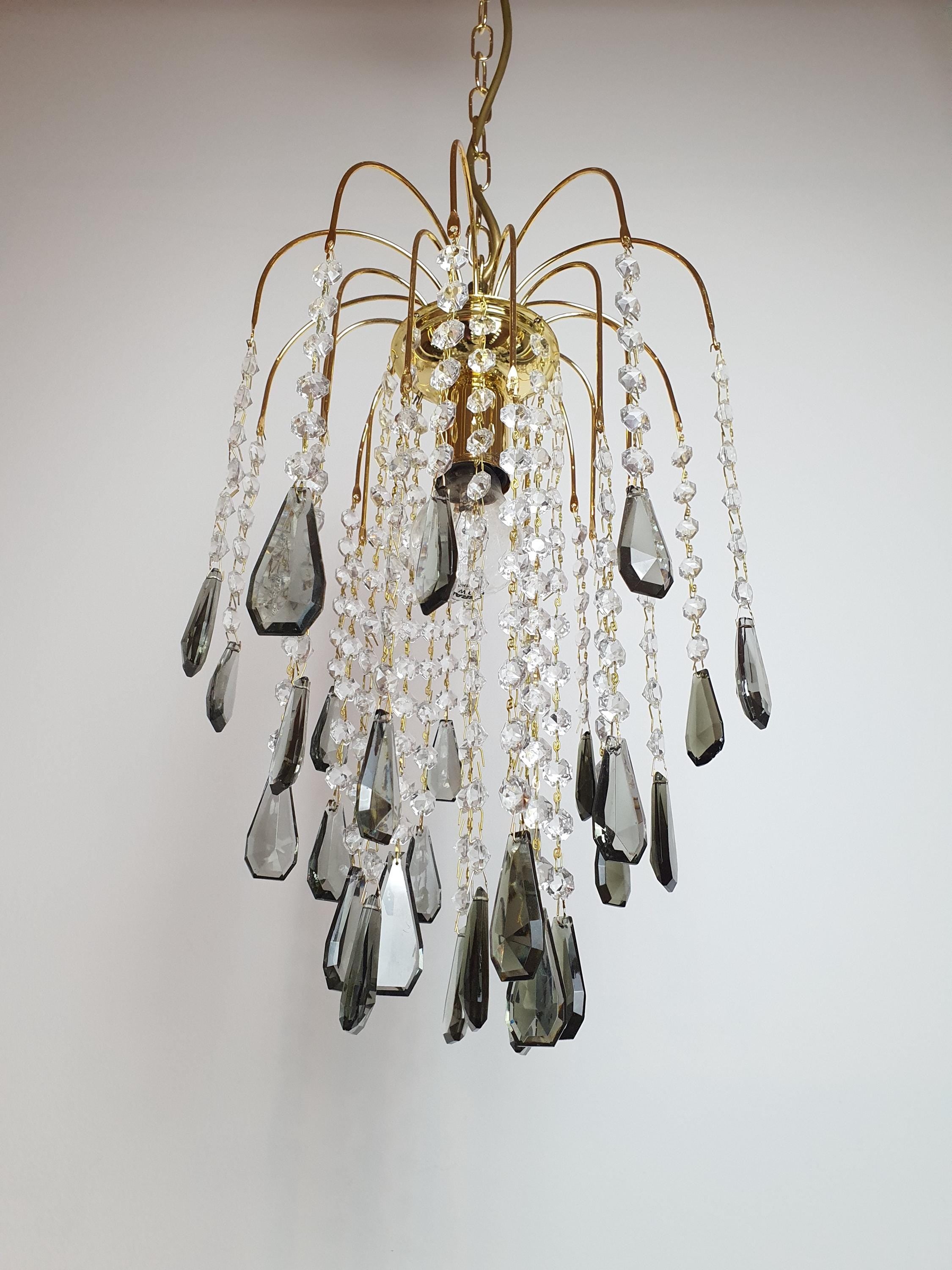 Vintage Waterfall Chandelier: Gray Teardrop Crystals, Hollywood Regency Lighting