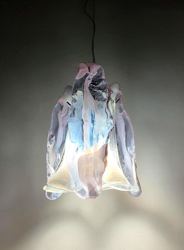 Vintage Murano Glass Petal Chandelier – Clear and Lilac White-Spotted La Murrina Petals, Jolly Lampadari Base, Eclectic Organic Modern