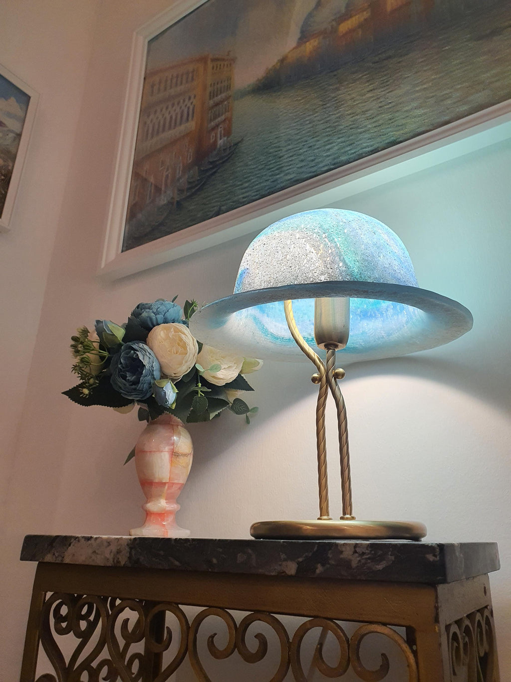 La Murrina Murano Glass Bedside Lamp: Space Blue Hat Shape, Golden Base