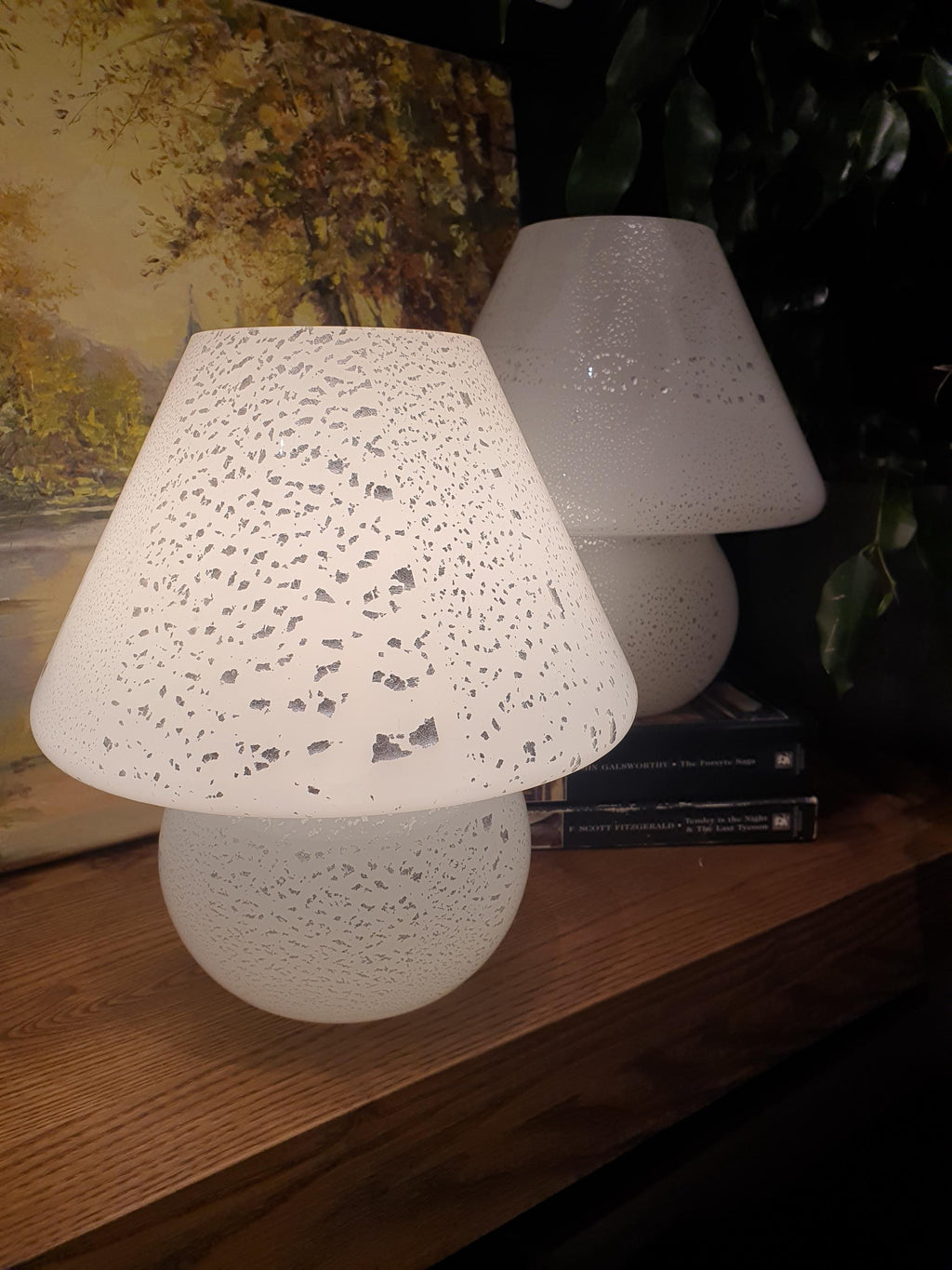 Lampes Champignon en Verre de Murano Vintage – Blanc & Argent, Paire de Chevet Scandinave