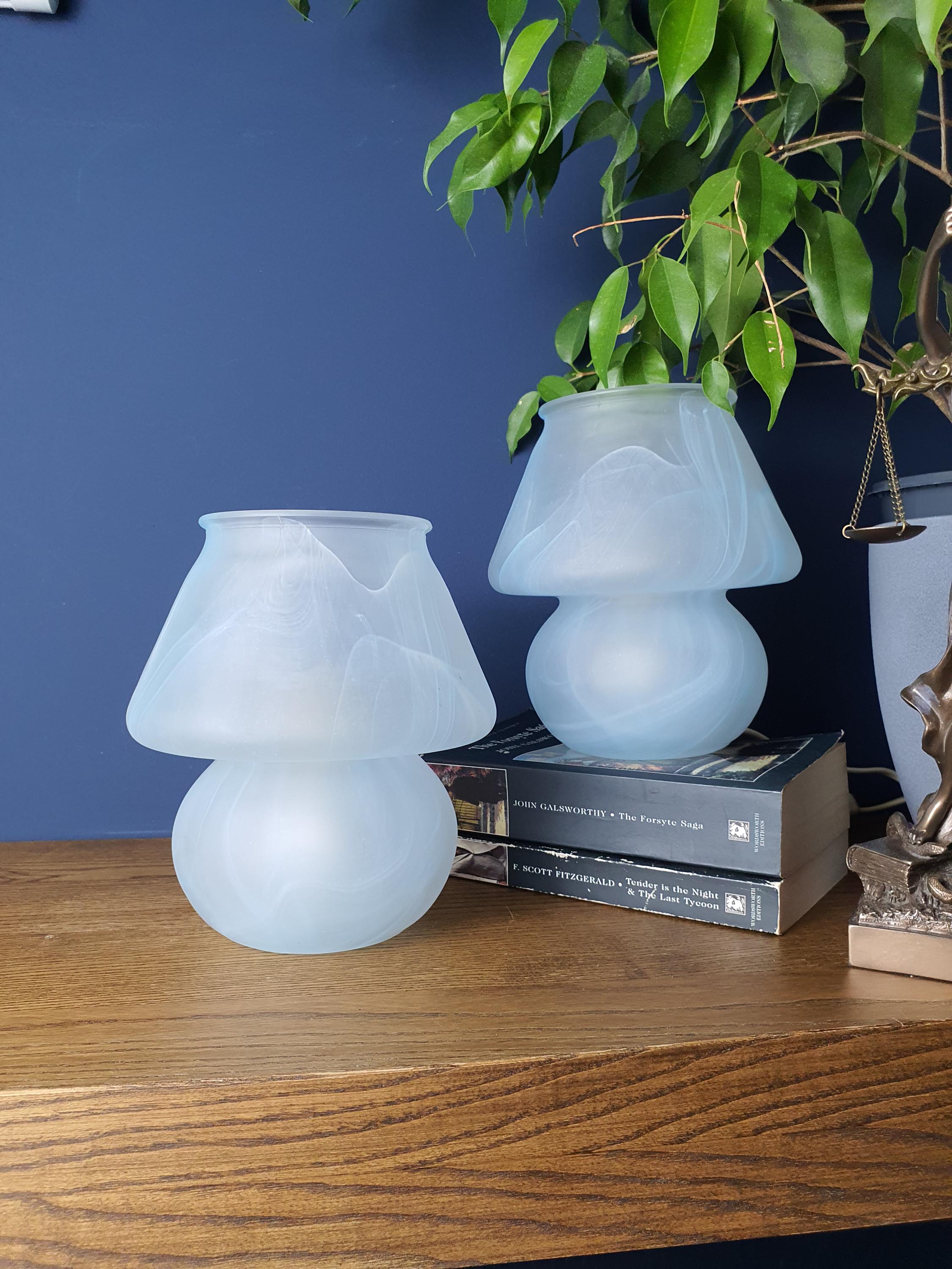 
Blue marbled wave and satin frosted finish detail on vintage Due P. Murano glass mushroom lamp, 1970s–1980s Italy
