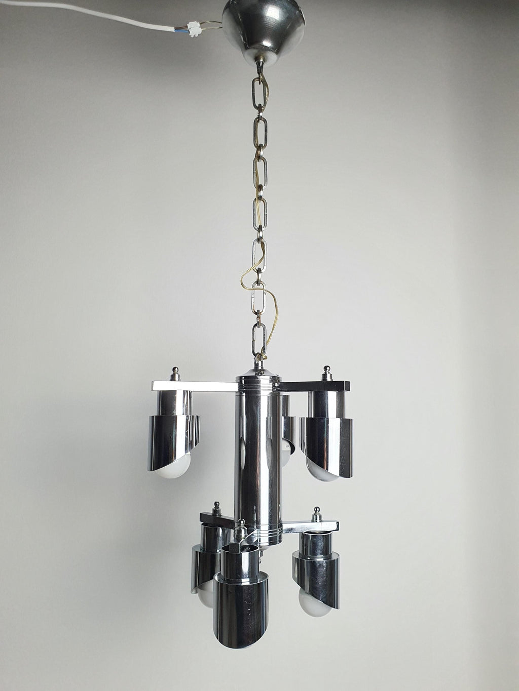 Space Age 6-Arm Small Chandelier | Chrome | Attr. Gaetano Sciolari | Mid-Century Modern Lighting