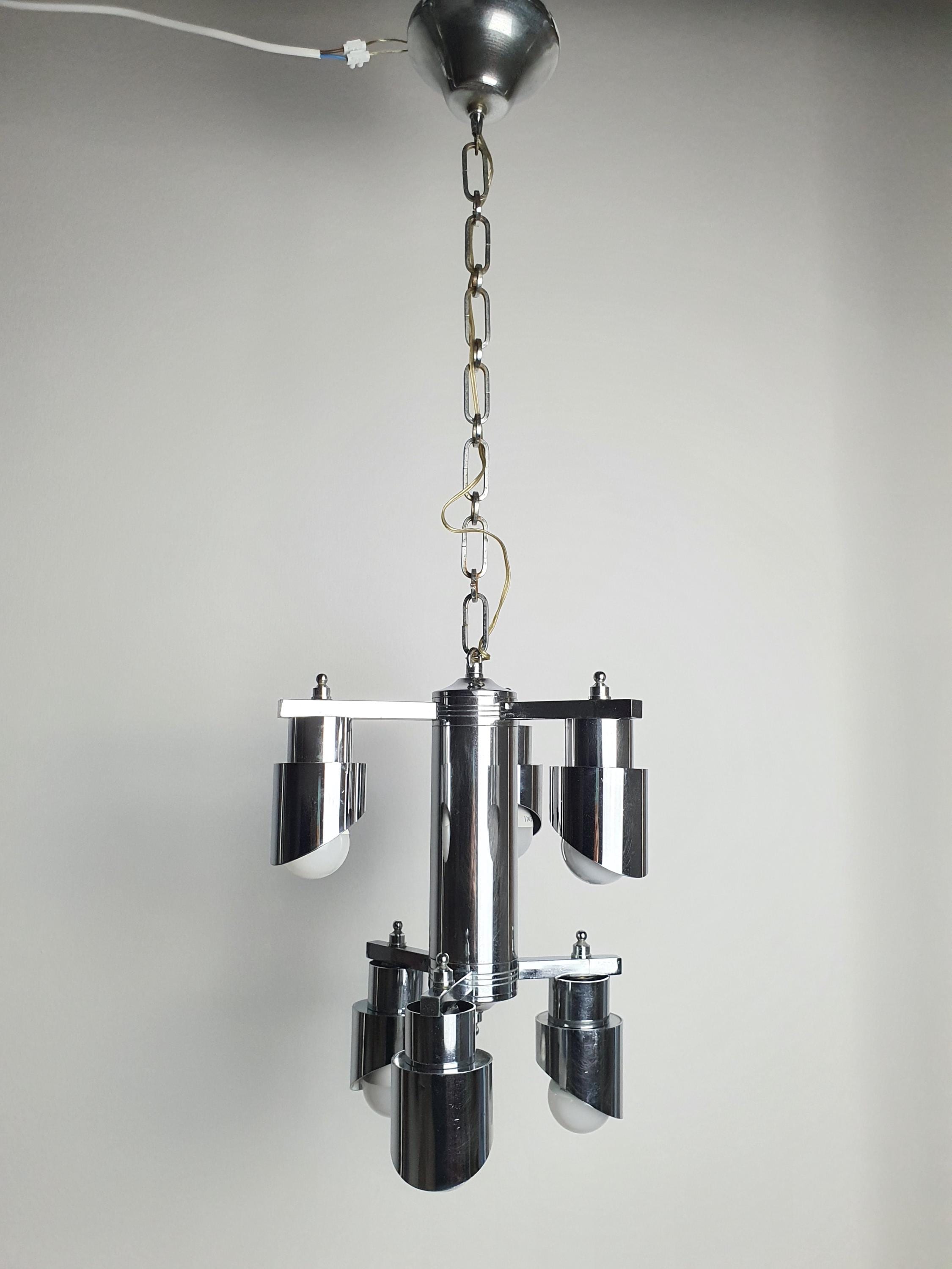 Space Age 6-Arm Small Chandelier | Chrome | Attr. Gaetano Sciolari | Mid-Century Modern Lighting