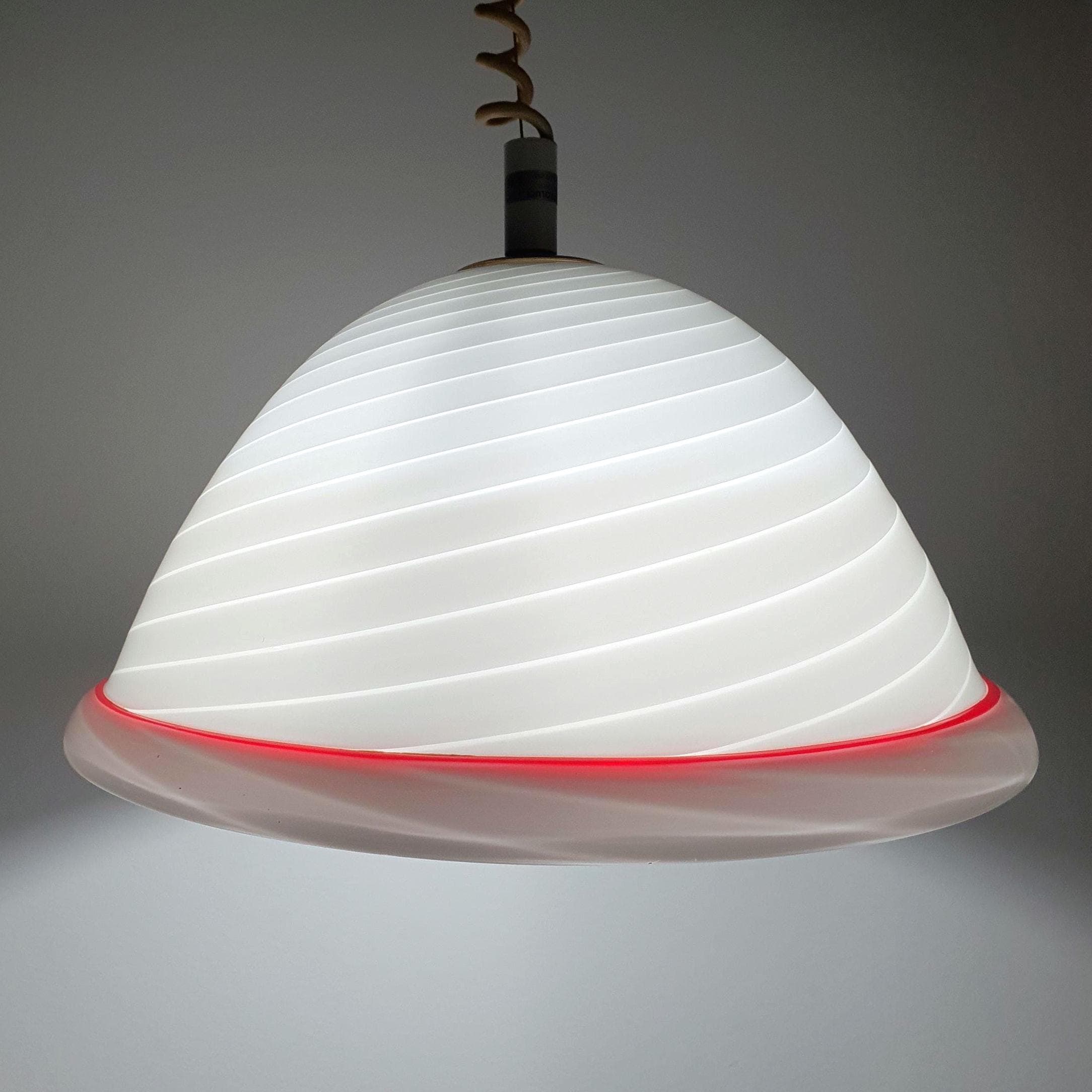 De Majo Murano glass pendant bell white swirl red edge vintage