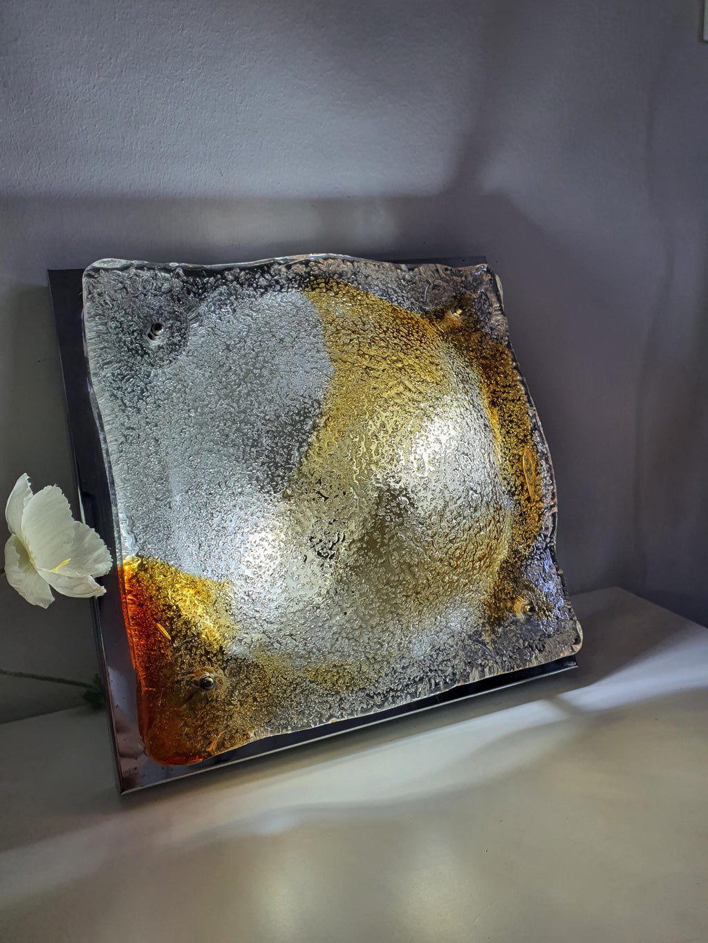 Mazzega Style Murano Glass Amber Spot Square Wall or Ceiling Light