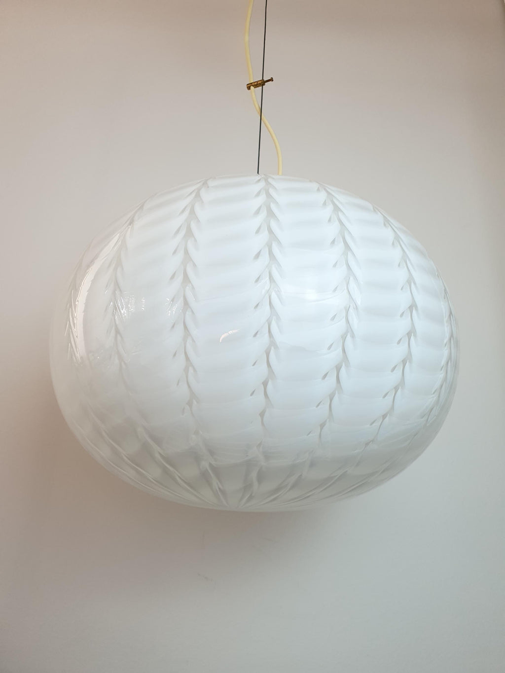 Murano Glass Globe Pendant Light: Handblown White Wave, Mid-Century Modern