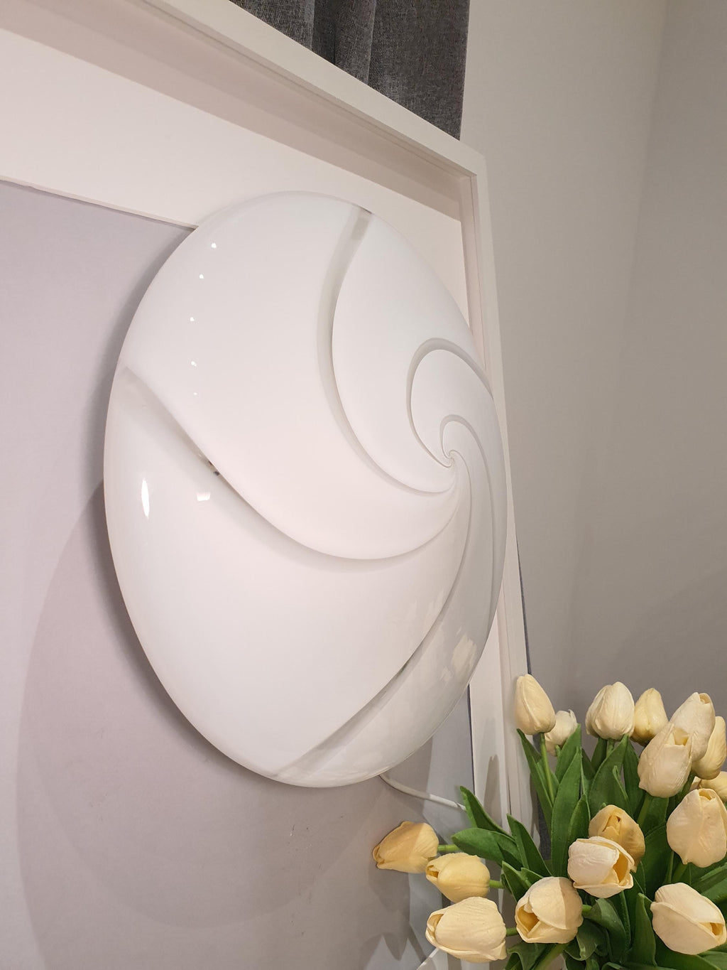 Vintage Murano Glass Flush Mount Light: White Swirl MCM Retro Lamp