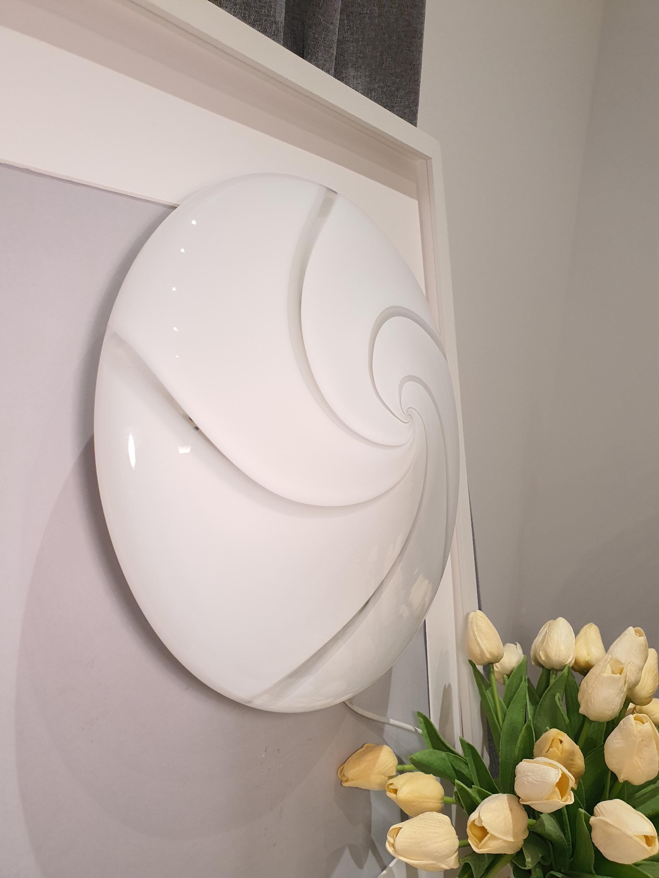 Vintage Murano Glass Flush Mount Light: White Swirl MCM Retro Lamp