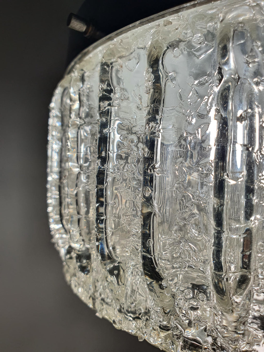 Italian retro pendant light — thick bubbled melted glass with sanded frosted section, detail