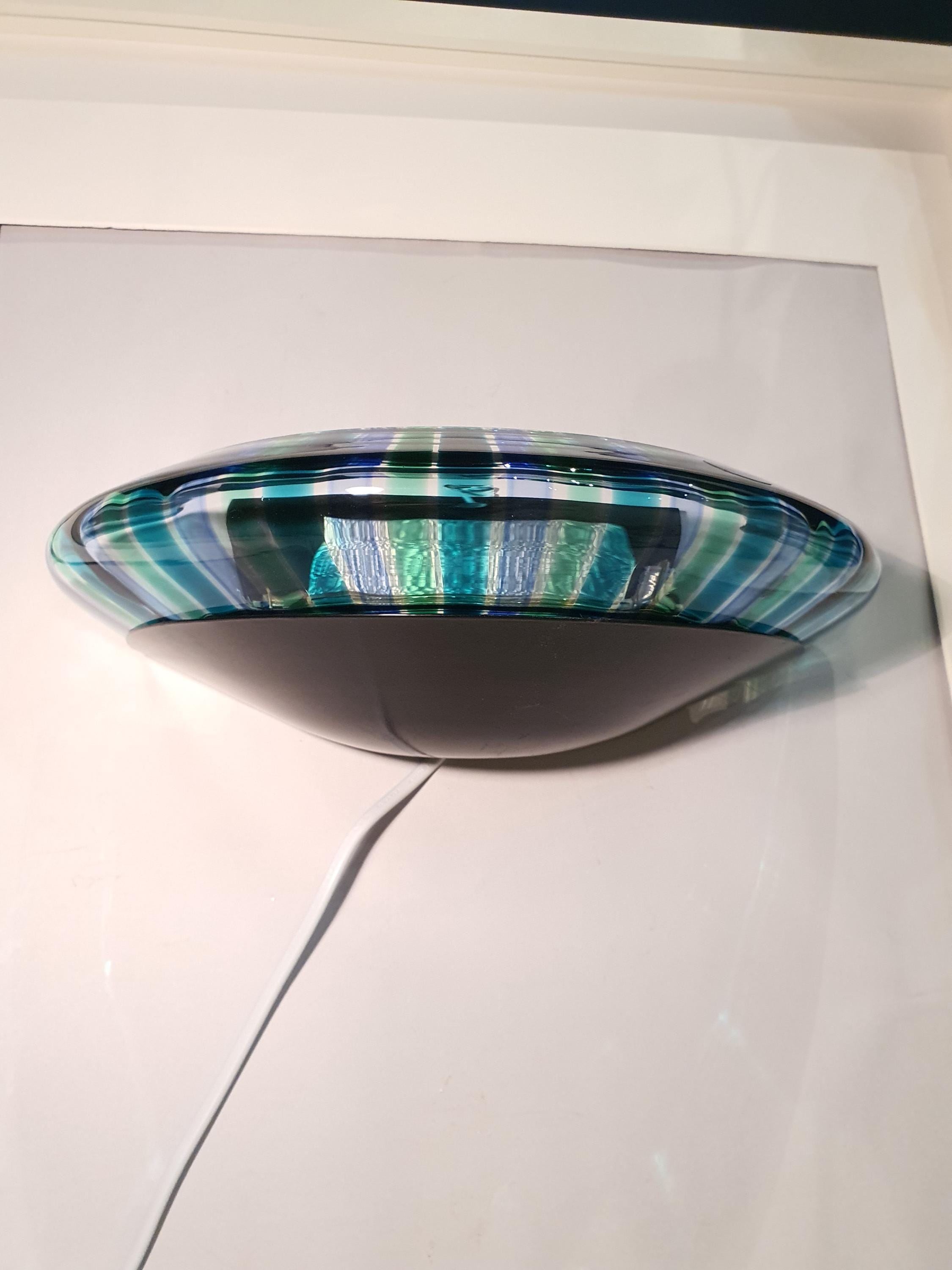 Vintage Murano Glass UFO Wall Sconce: Blue Green Striped Light Fixture