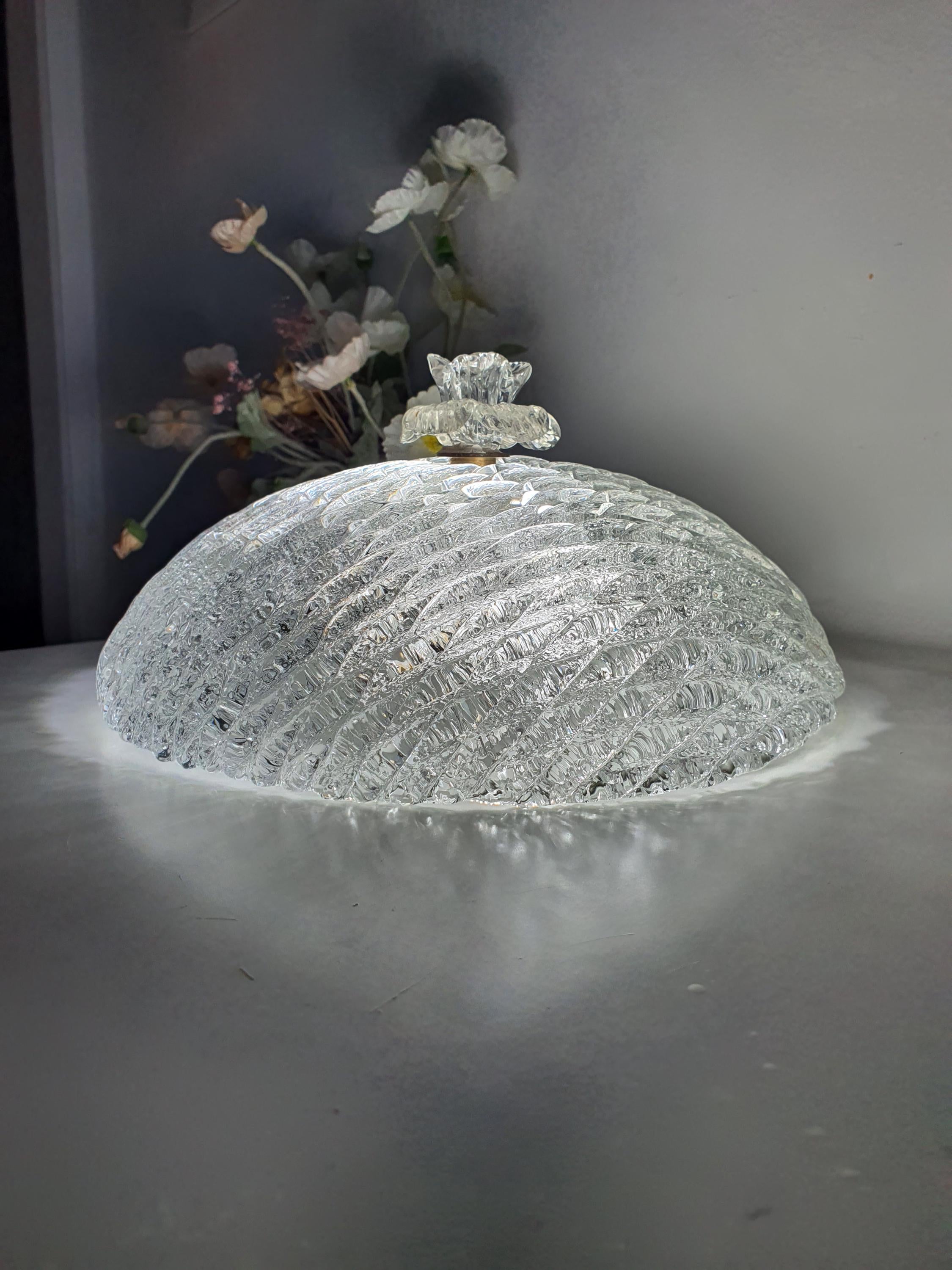 Murano ribbed shell flush mount front view, thick iced ribbed glass, decorative floral crown top, brass and metal base