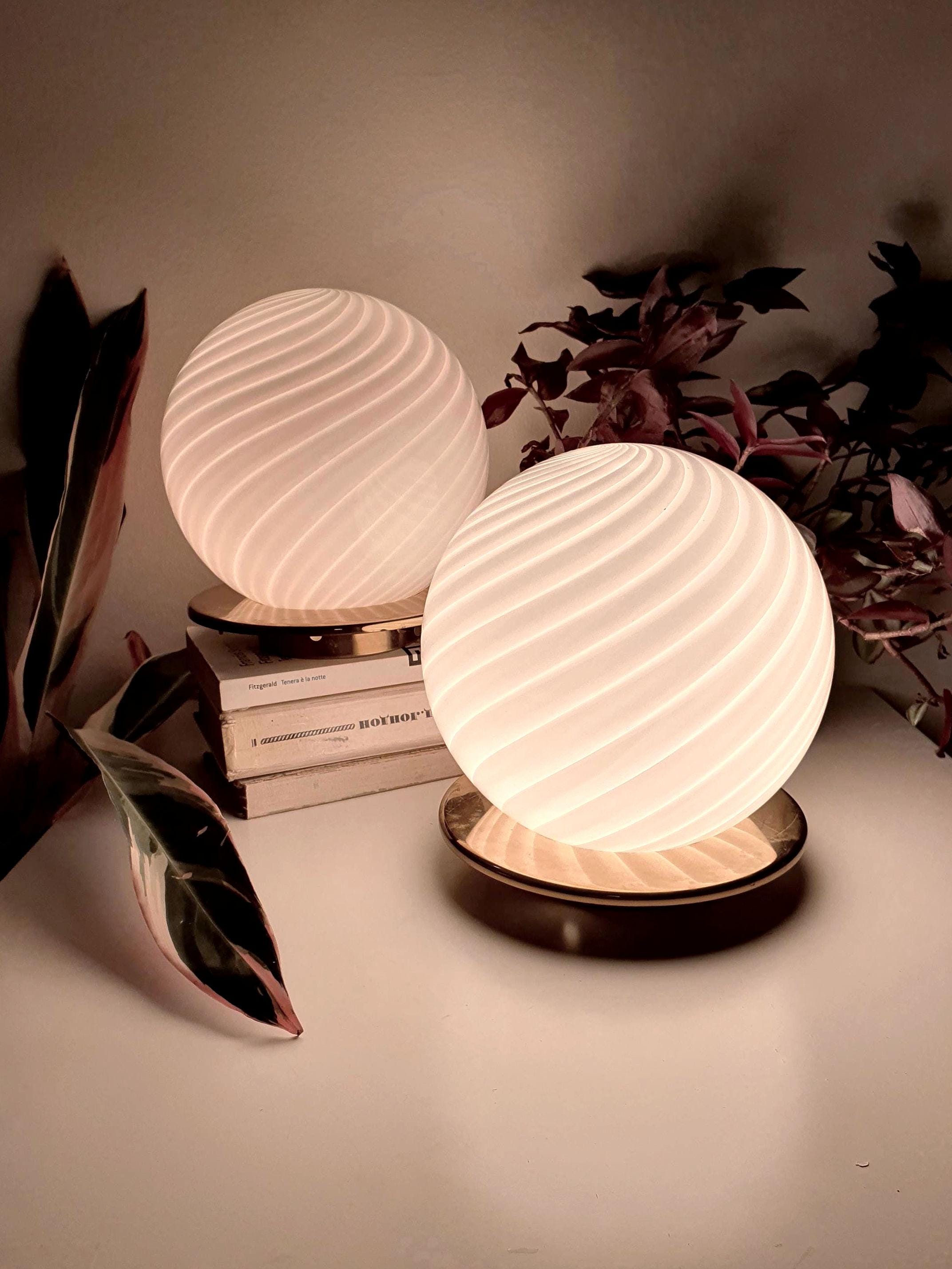 Murano Glass Table Lamps: White Swirl Globe, Brass Base, Mid-Century Modern