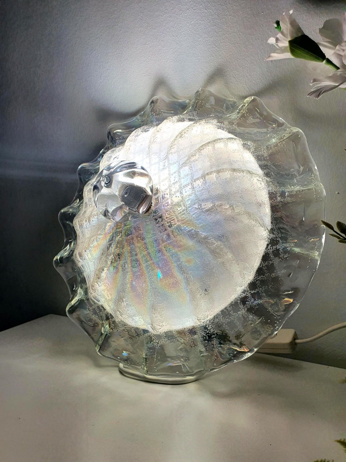 Vintage Murano glass ceiling light with an iridescent shell-shaped shade
