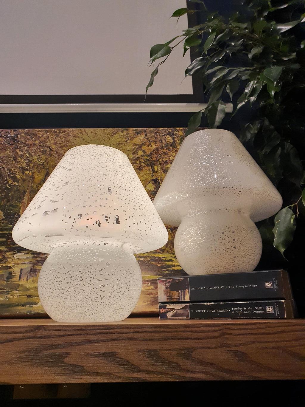 Lampes Champignon en Verre de Murano Vintage – Blanc & Argent, Paire de Chevet Scandinave