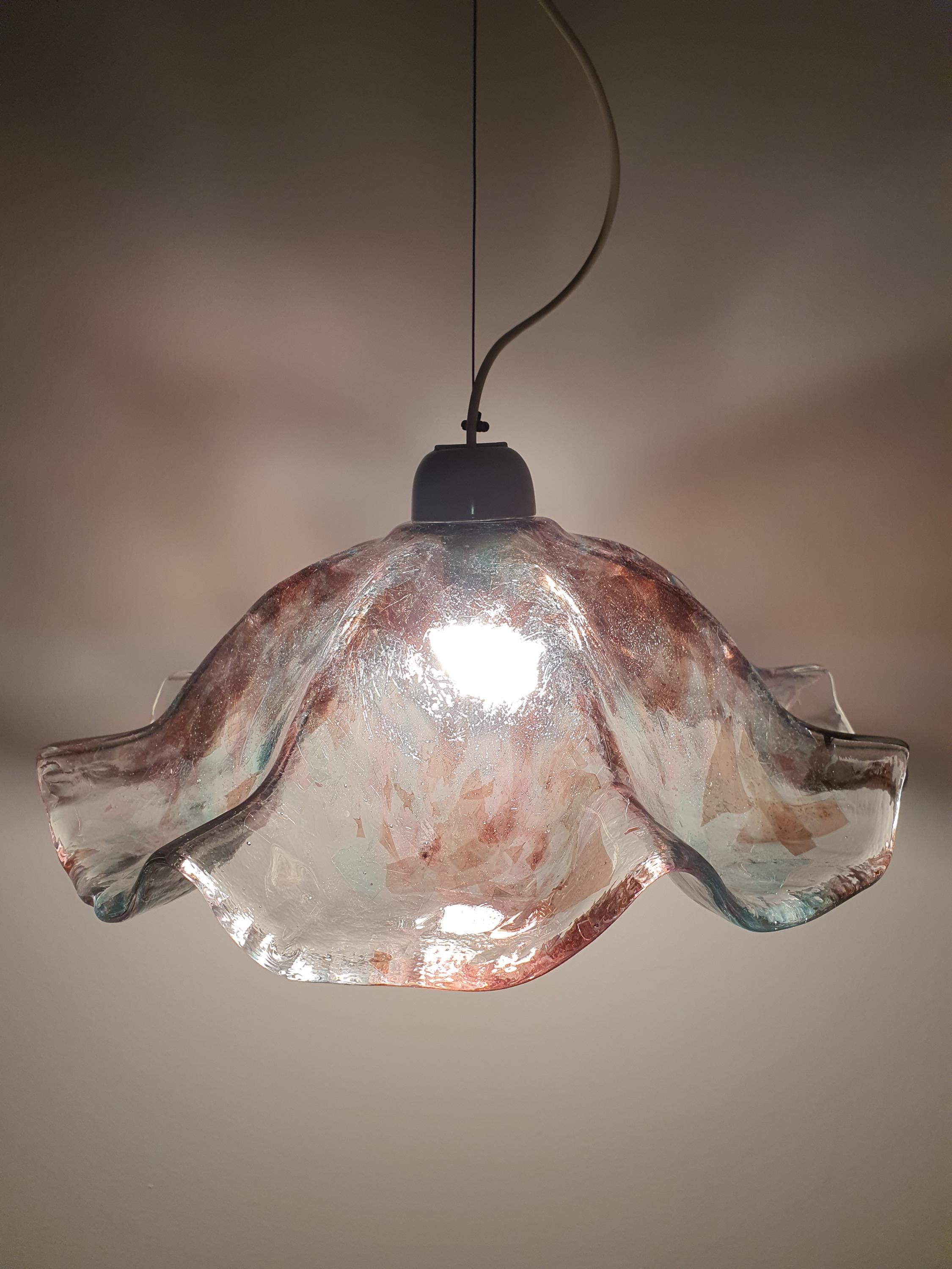 Vintage Colorful Murano Glass Pendant Light | Organic Tulip Shape with Green & Purple Accents