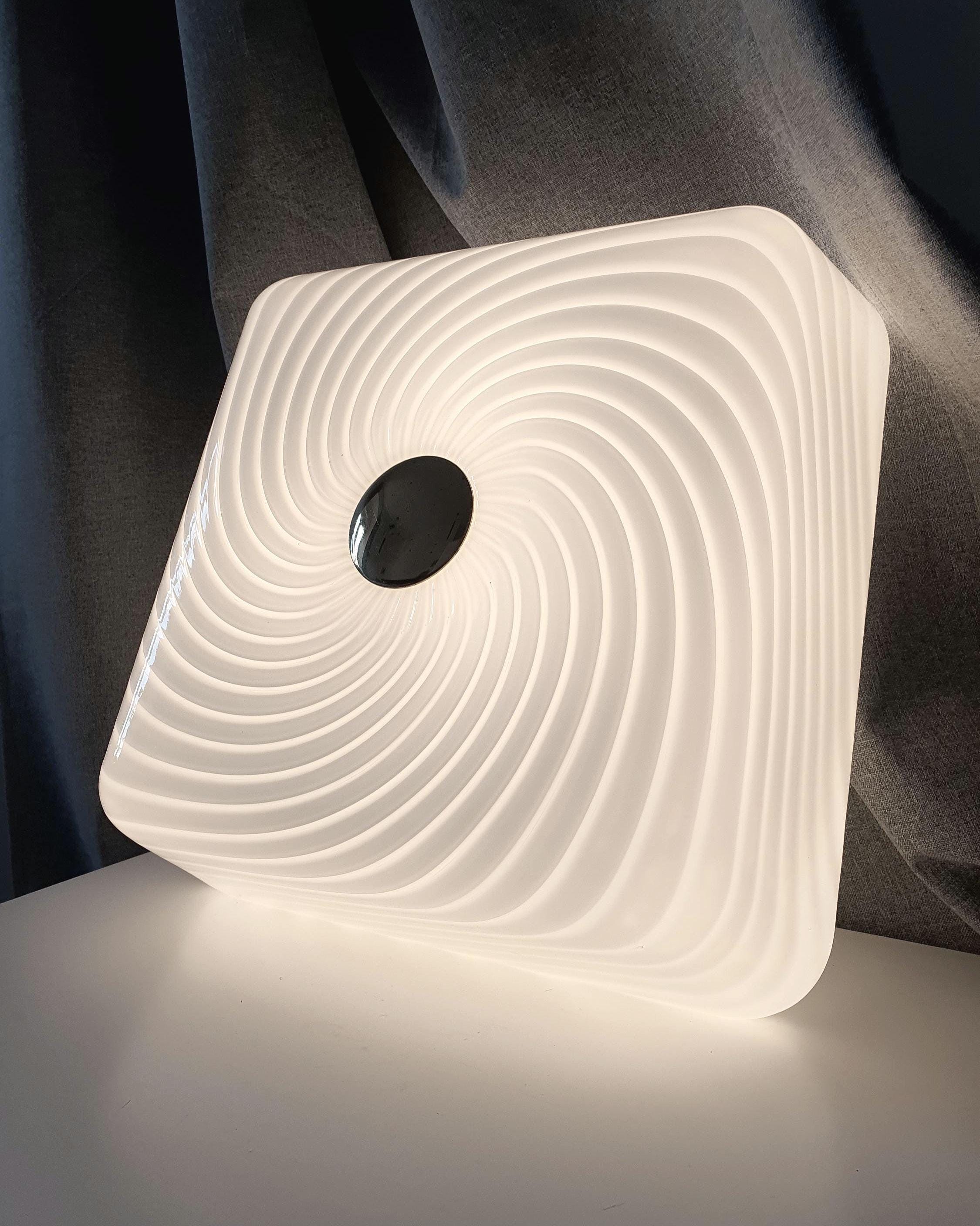 Vintage Murano Glass Flush Mount Light: White Swirl, MCM Retro Lighting