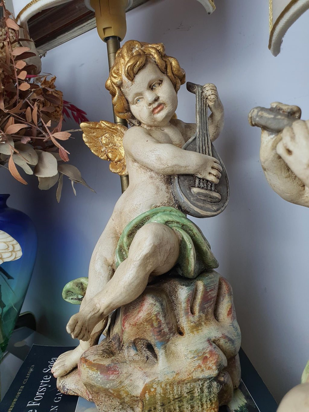 Natural gold patina detail on vintage Italian Florentine hand-painted cherub angel table lamp base