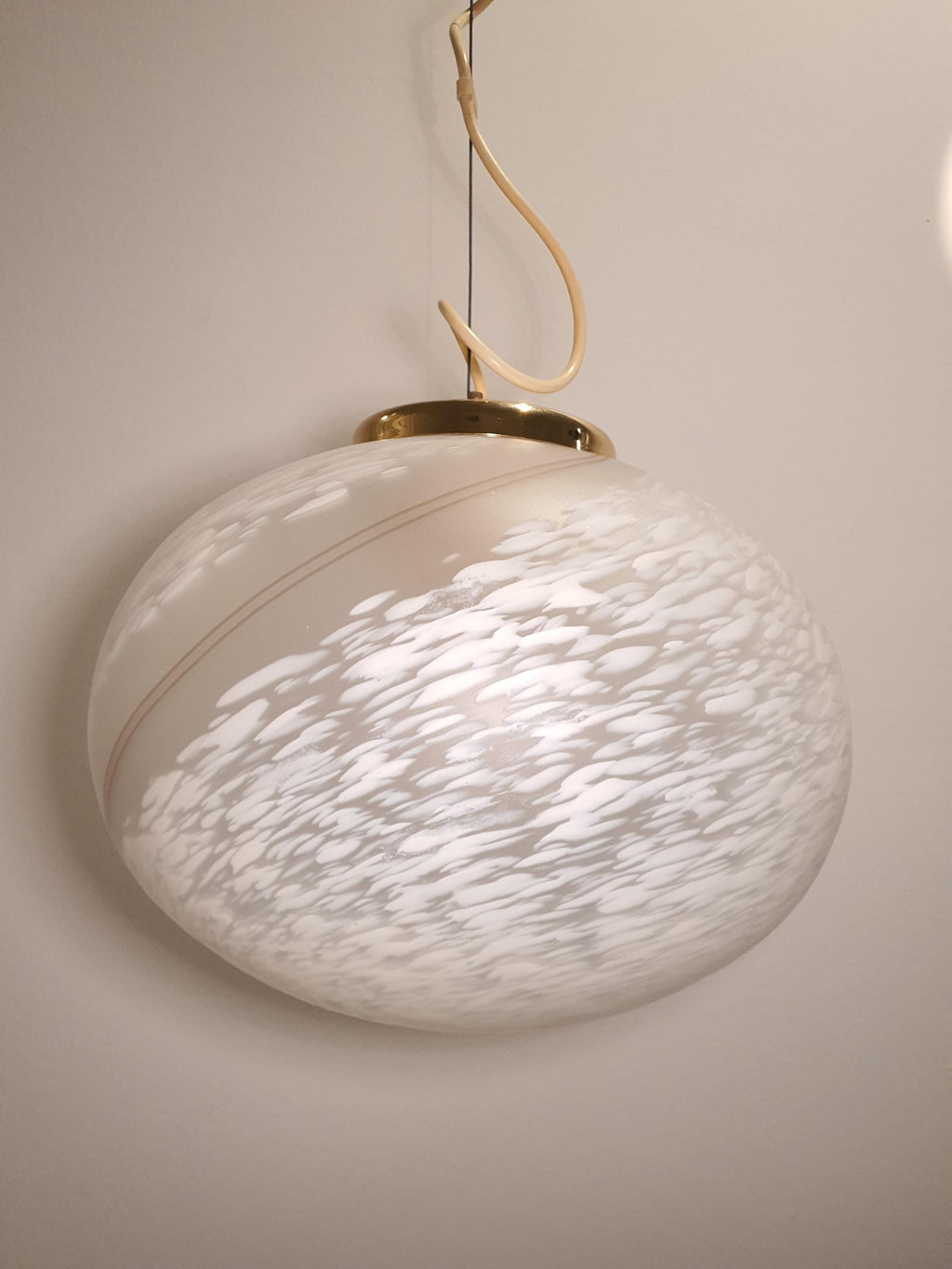 Murano Glass Pendant Light: White Swirl Globe, Mid-Century Scandinavian Lamp