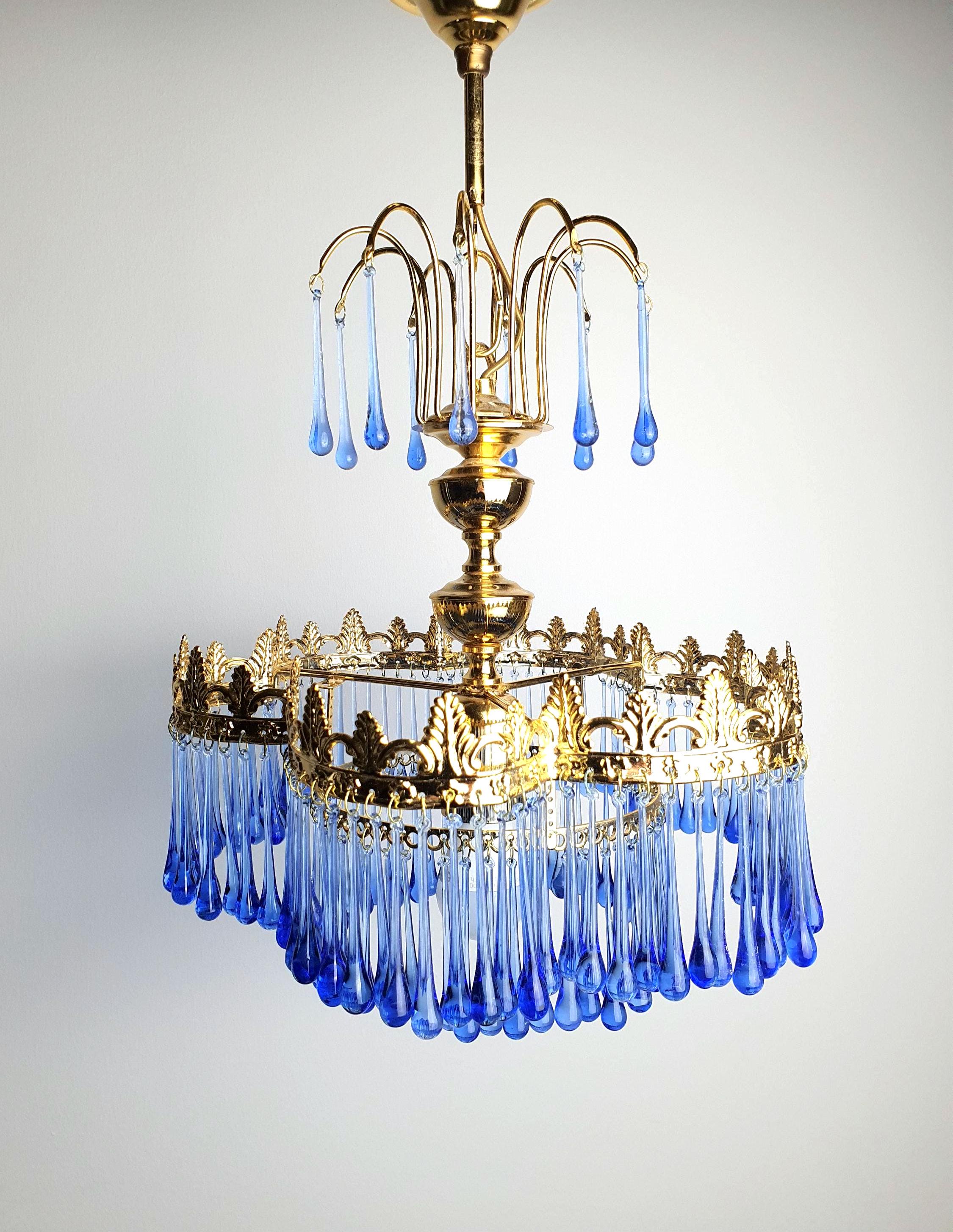 Small vintage navy blue glass cascade chandelier on gold metal base, Hollywood Regency lighting