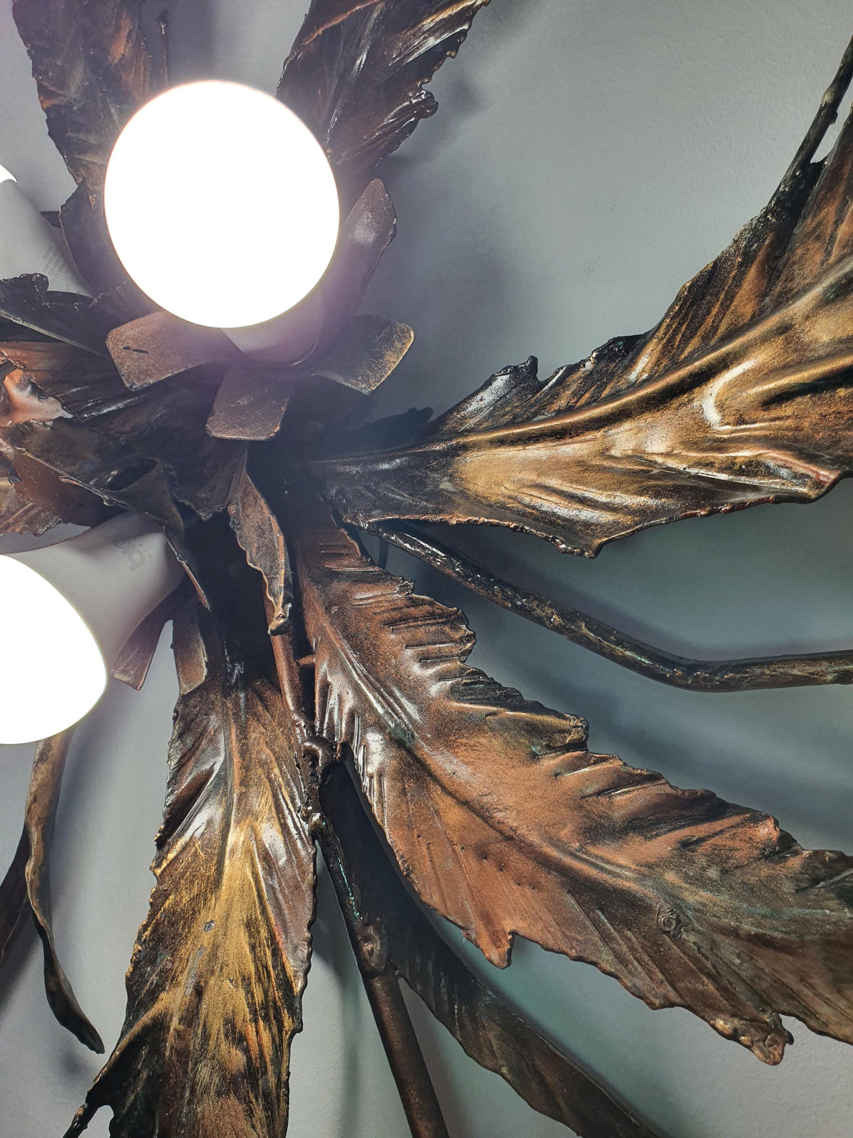XXL Vintage 1980s Italian Botanical Wall or Ceiling Light – Bronze & Gold Metal Leaves, Bohemian Eclectic
