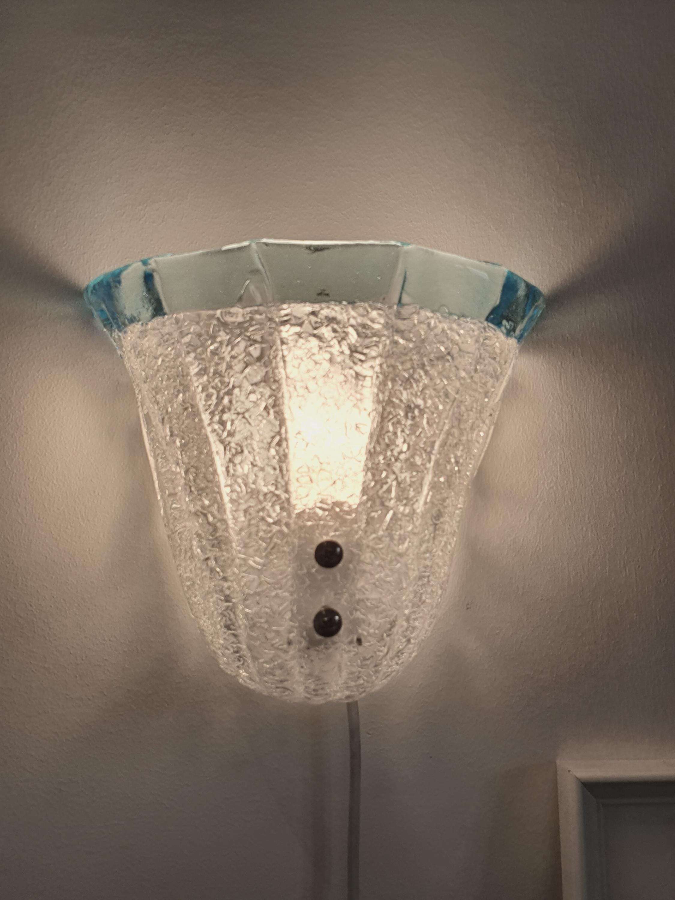 Vintage Murano Glass Floral Wall Sconce: Frosted Clear & Light Blue