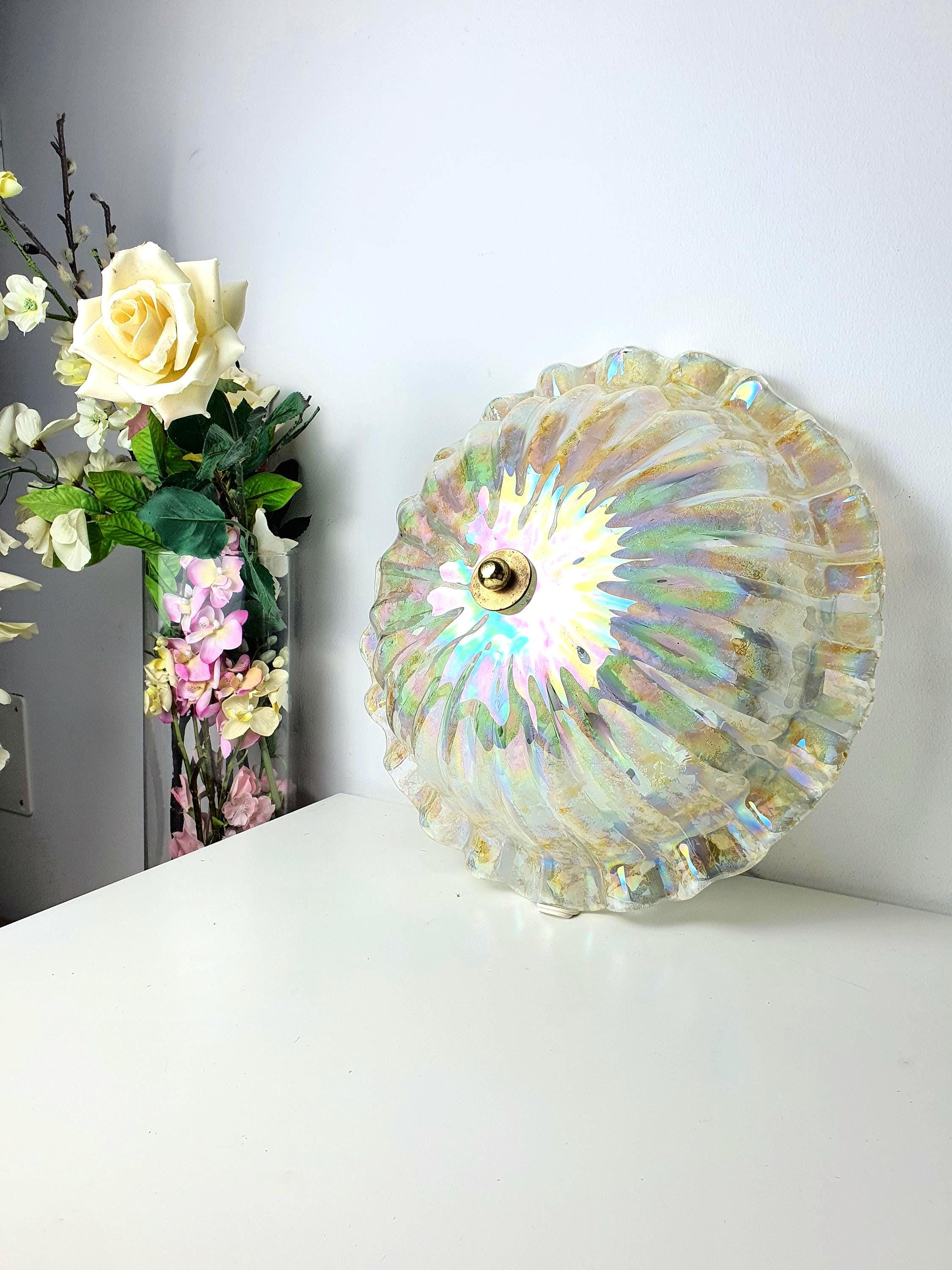 Vintage Murano glass iridescent shell ceiling light, petrol rainbow finish, clear glass stripes and white inclusions, Italy