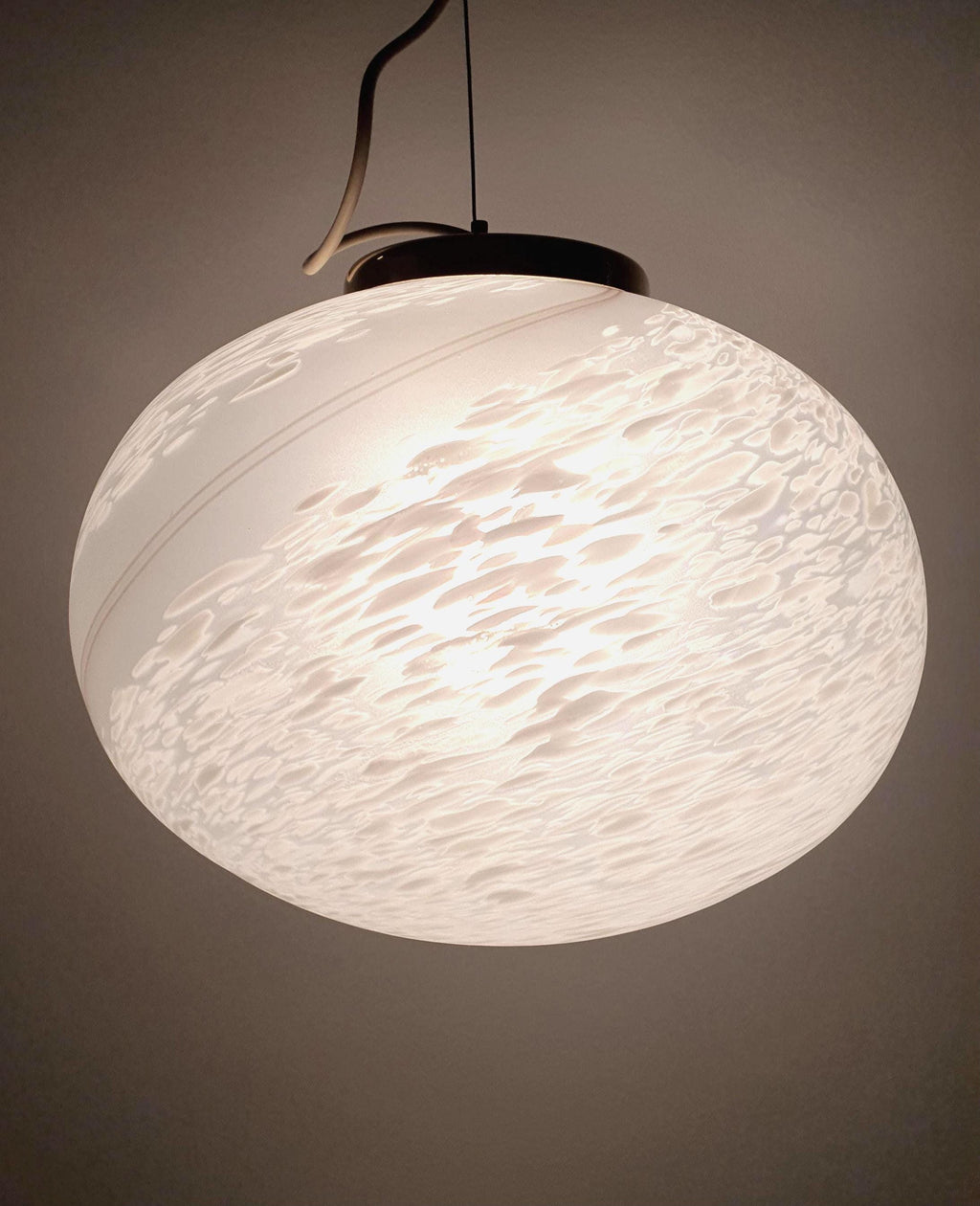Murano Glass Pendant Light: White Swirl Globe, Mid-Century Scandinavian Lamp
