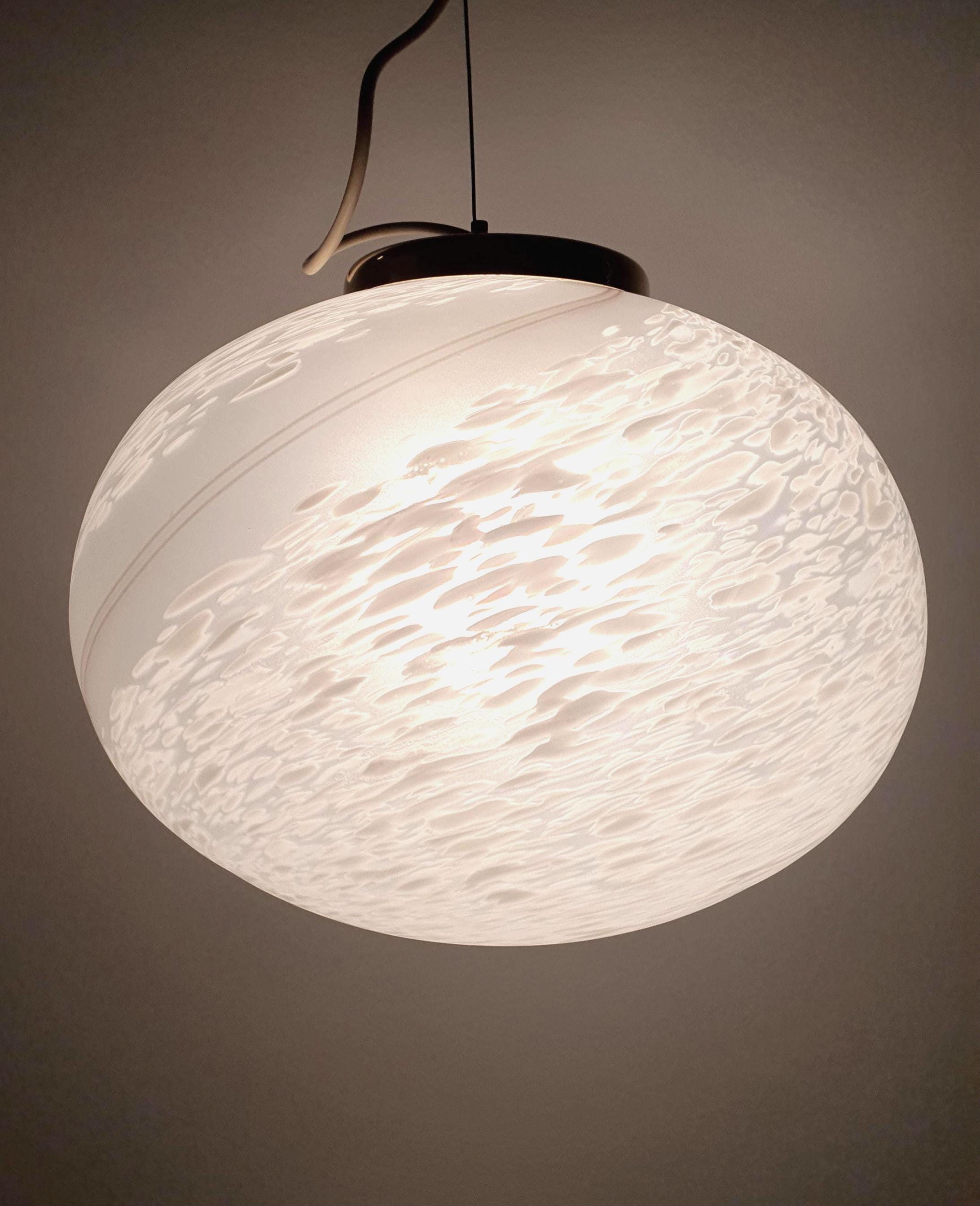 Murano Glass Pendant Light: White Swirl Globe, Mid-Century Scandinavian Lamp