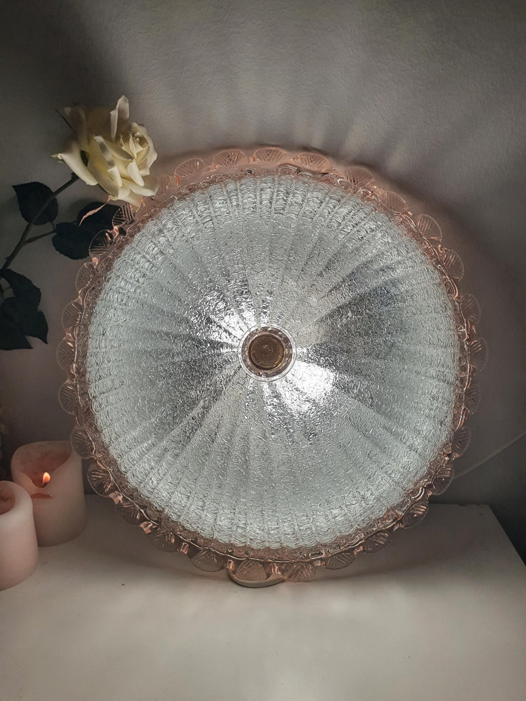 Pink accent rim and frosted shell relief detail, vintage Murano glass floral flush mount with central cone, 1970s–1980s