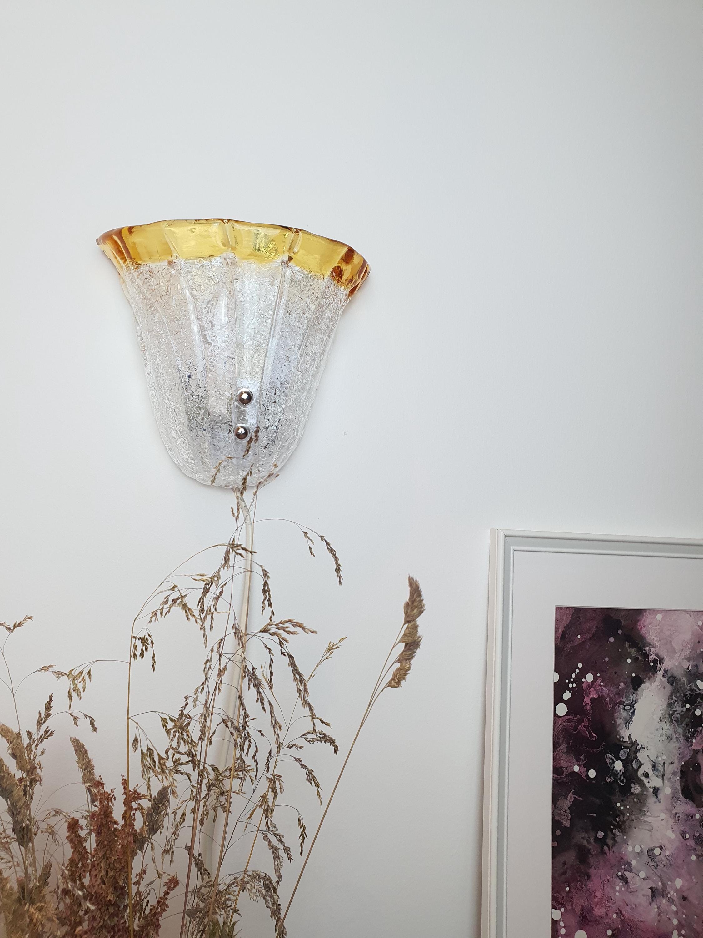 Vintage Murano Glass Floral Wall Sconce: Frosted Clear & Yellow, Italian Lighting
