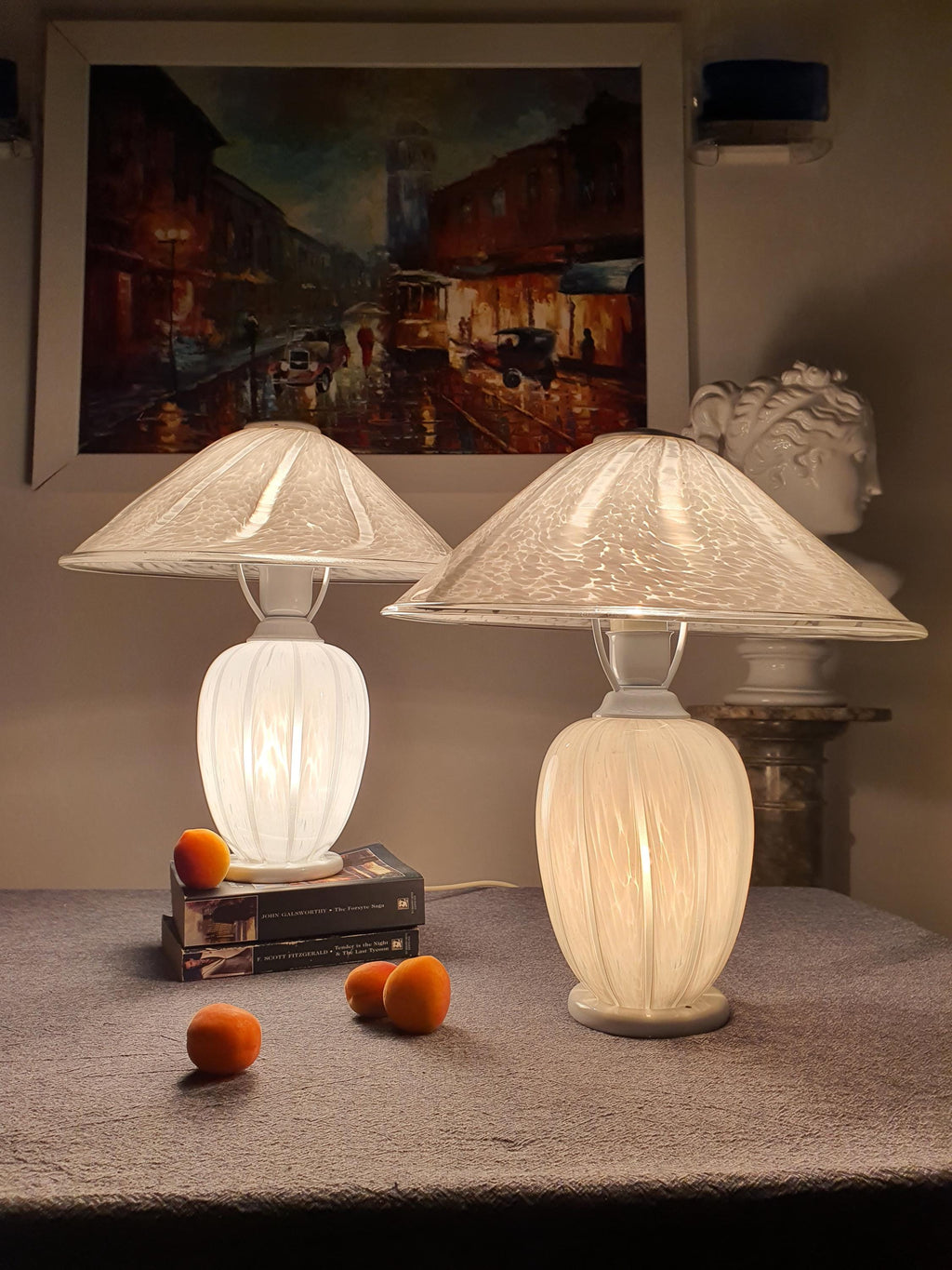 Pair of Vintage Murano Glass Mushroom Bedside Lamps | White & Grey Wave | Double Light Italian Midcentury