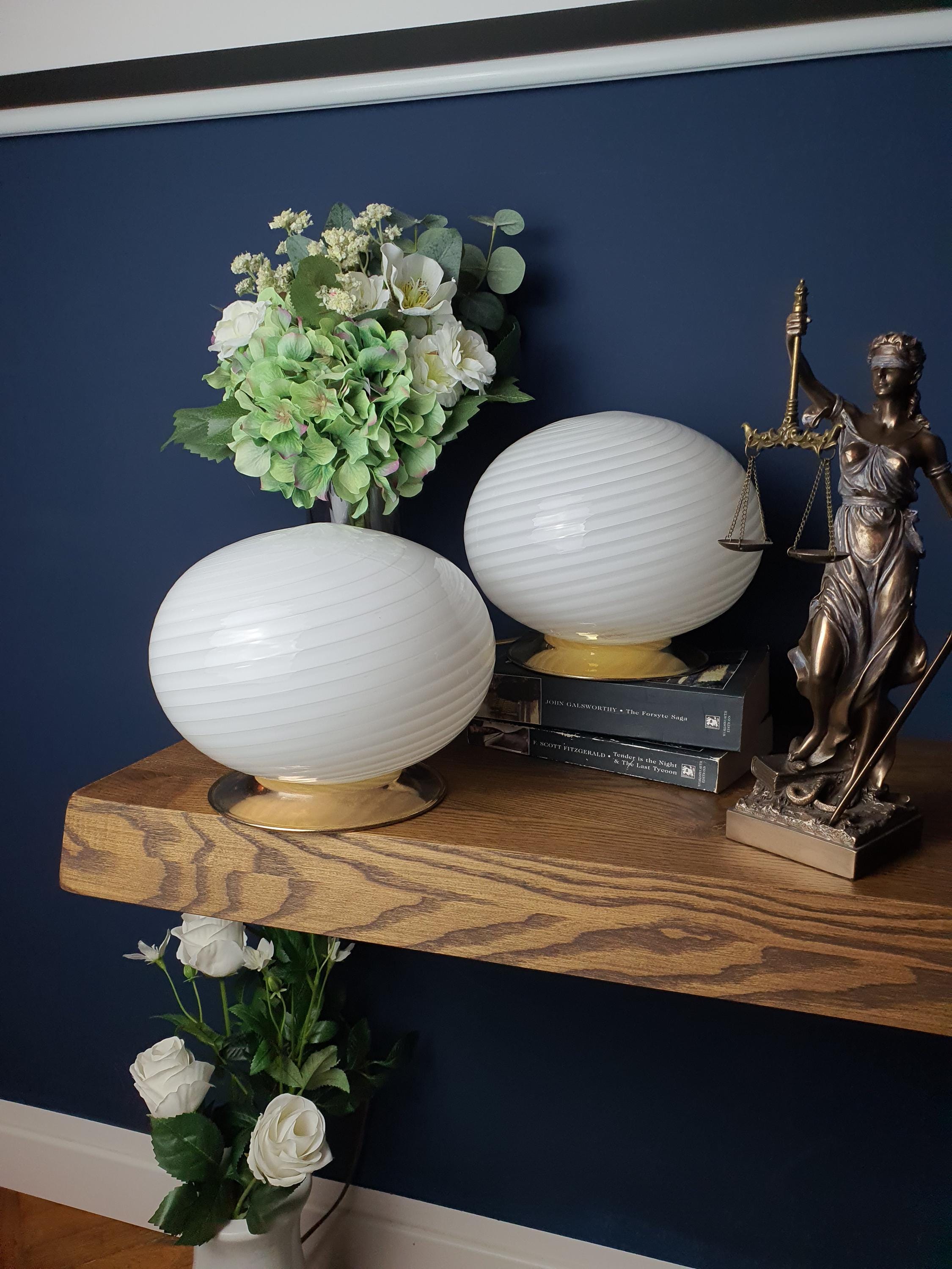 Pair of Vintage Murano Glass Swirl Globe Bedside Lamps Gold Base