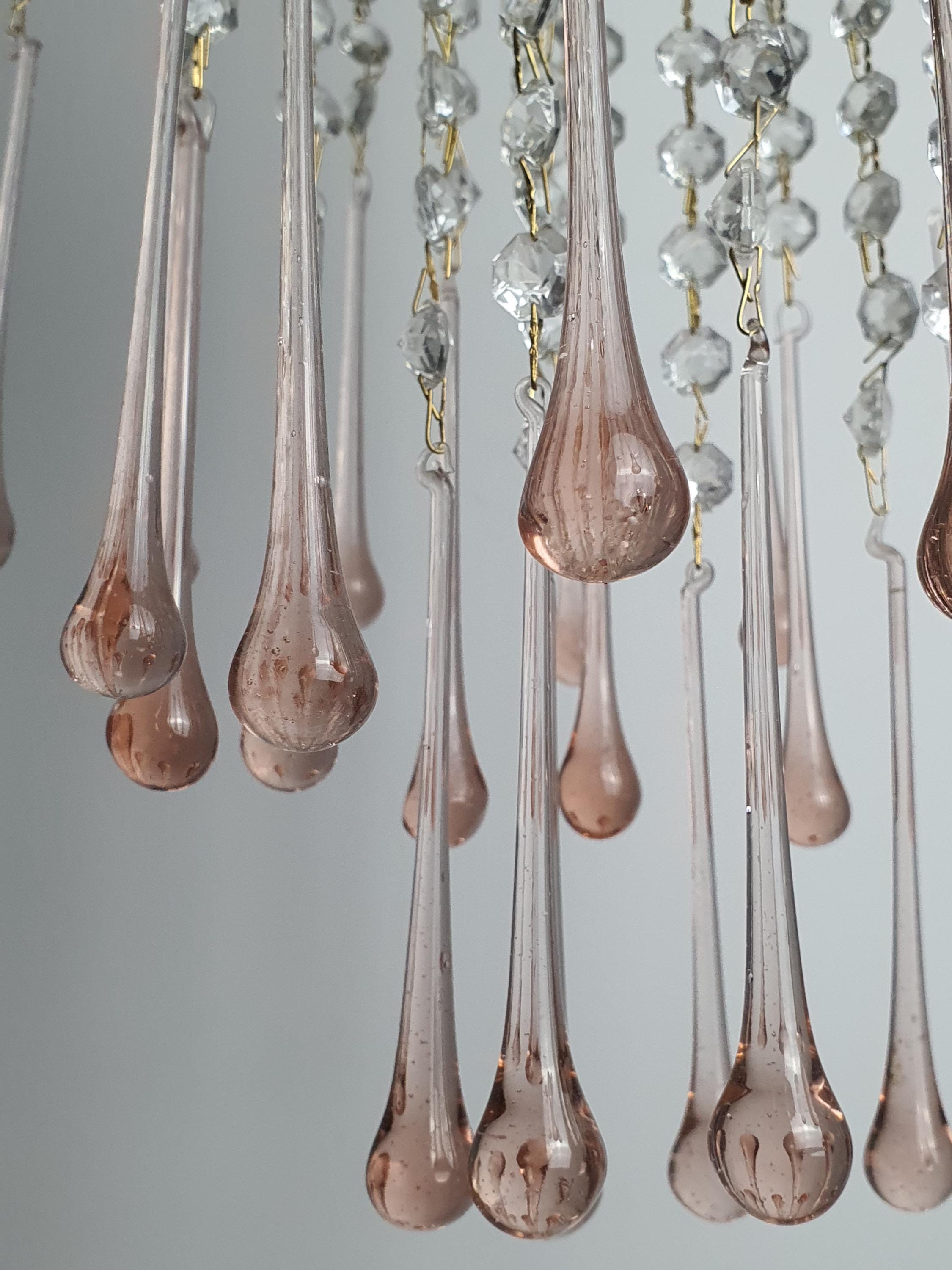 Vintage Murano Glass Chandelier | Pink Teardrop Hollywood Regency Cascade Light