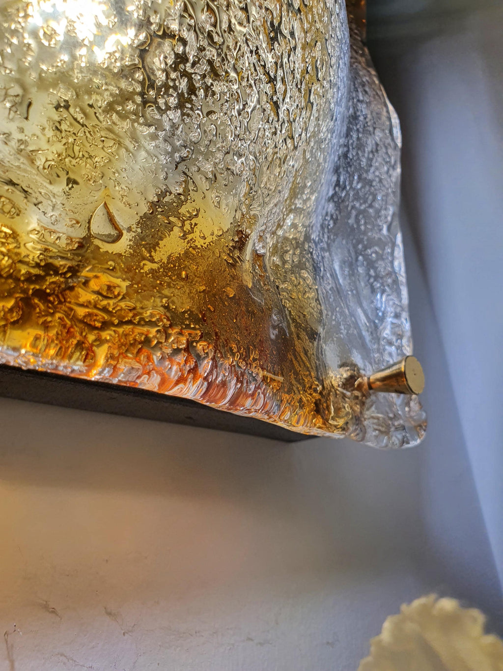 Mazzega Vintage Murano Glass Square Frosted Wall or Ceiling Light Caramel Drop