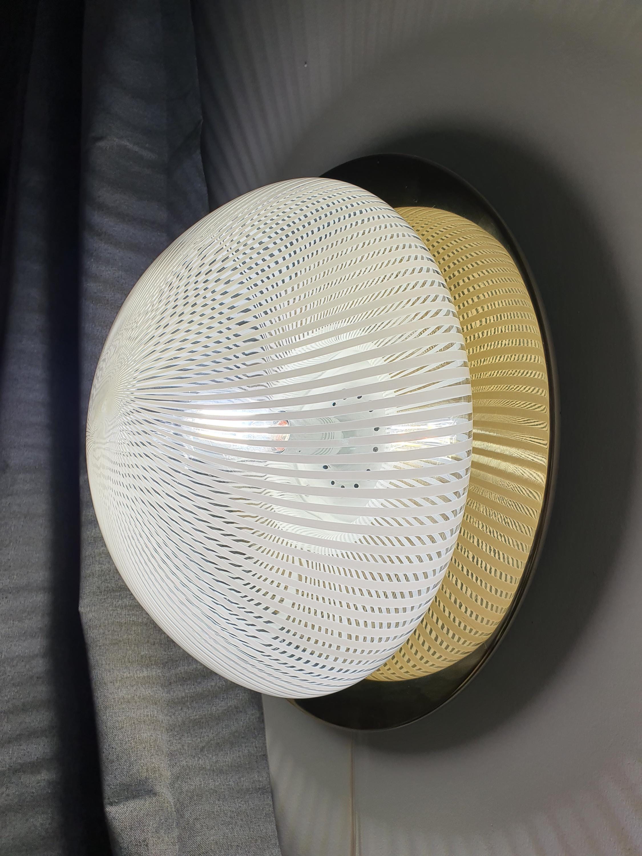 Signed Venini Italia 84 Murano glass filigrana flush mount light, large, gold-toned base